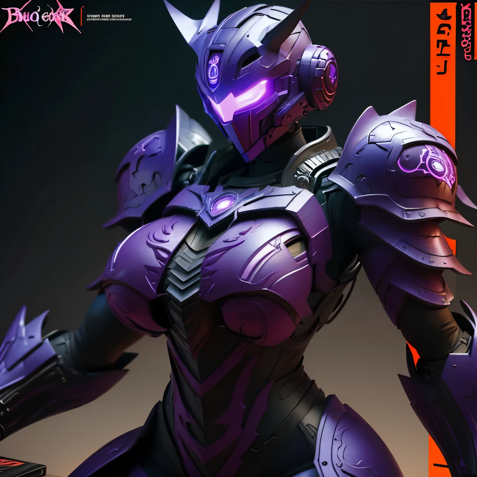 ((Write the "Bosstercore" in a logo)). Guts armor from Berserk references, gantz reference. Sexy mecha girl with round tits