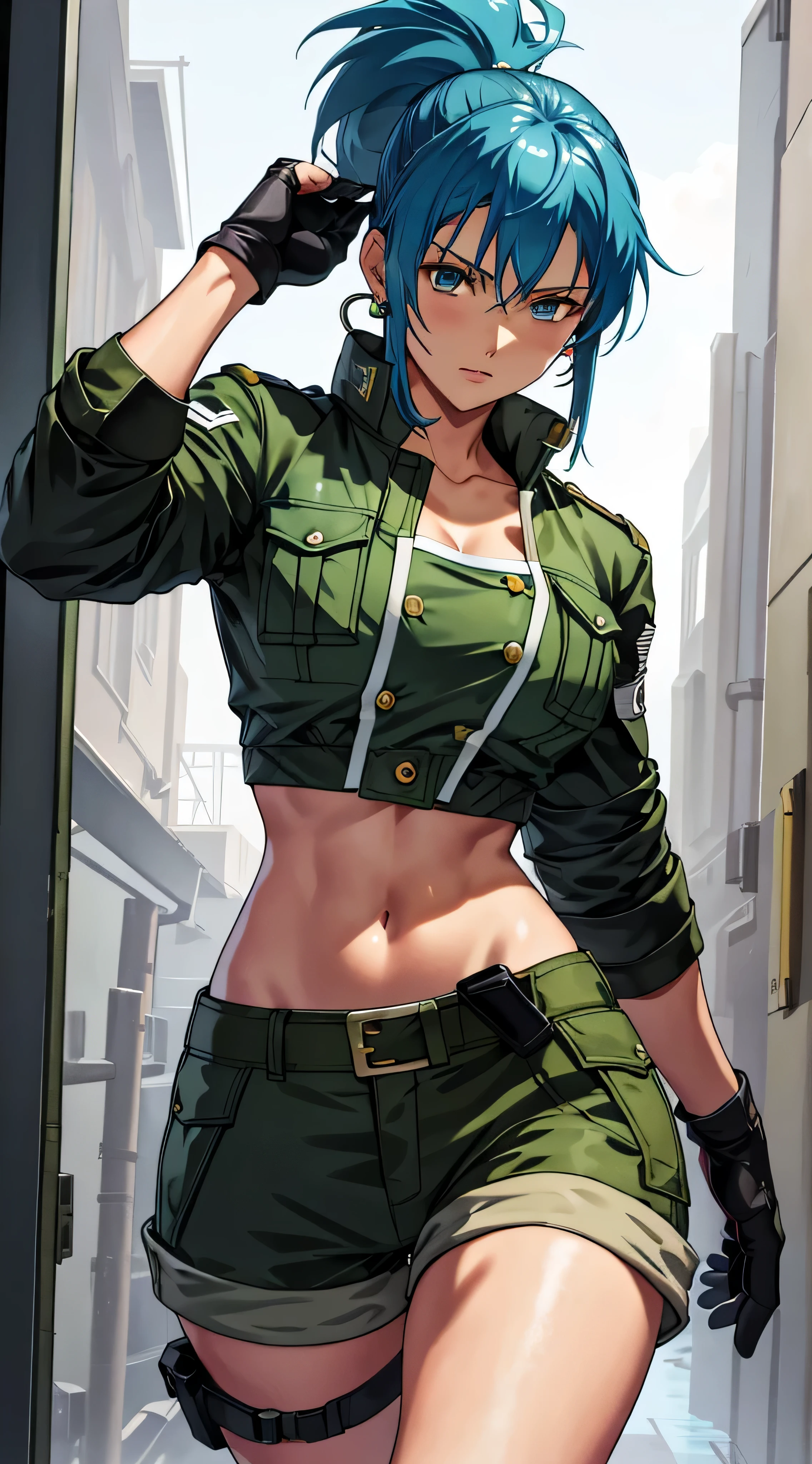 masterpiece,, best quality, highres, 1girl, leona heidern, blue hair, blue eyes, ponytail, green shorts, midriff, crop top, black gloves, breasts, military uniform, green jacket, earrings, jewelry, navel, large breasts, cowboy shot