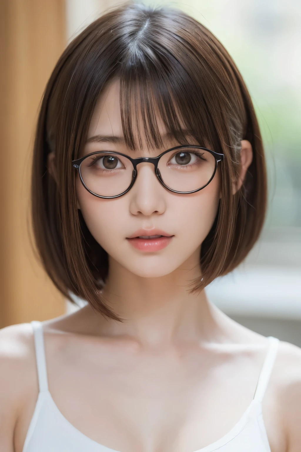one girl, (beautiful girl, delicate girl:1.3), (:1.3),white camisole,Bedroom,very fine eyes, (symmetrical eyes:1.3),small breasts, brown eyes, parted bangs, brown hair, (upper teeth, best smile:0.2),(Eye and face details:1.0),shortcut,layer,shaggy round glasses, (masterpiece, highest quality, Super detailed, detailed face, 8K)