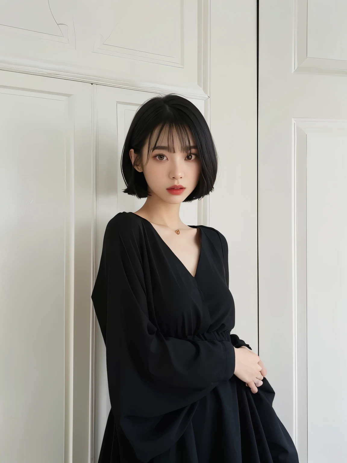 Black long sleeve dress、Fashionable dresses、table top、(white wall in the background、Taken in front of the white door:1.4)、((highest quality、8K、masterpiece:1.3))、ultra high resolution、(photogenuineistic:1.4)、RAW photo、Japanese,(face)、genuine、Photographed in natural light、Highly detailed face and skin texture、highly detailed lips、correct state of the human body、shortcut、short hair、short hair、black hair、various poses、natural color lip