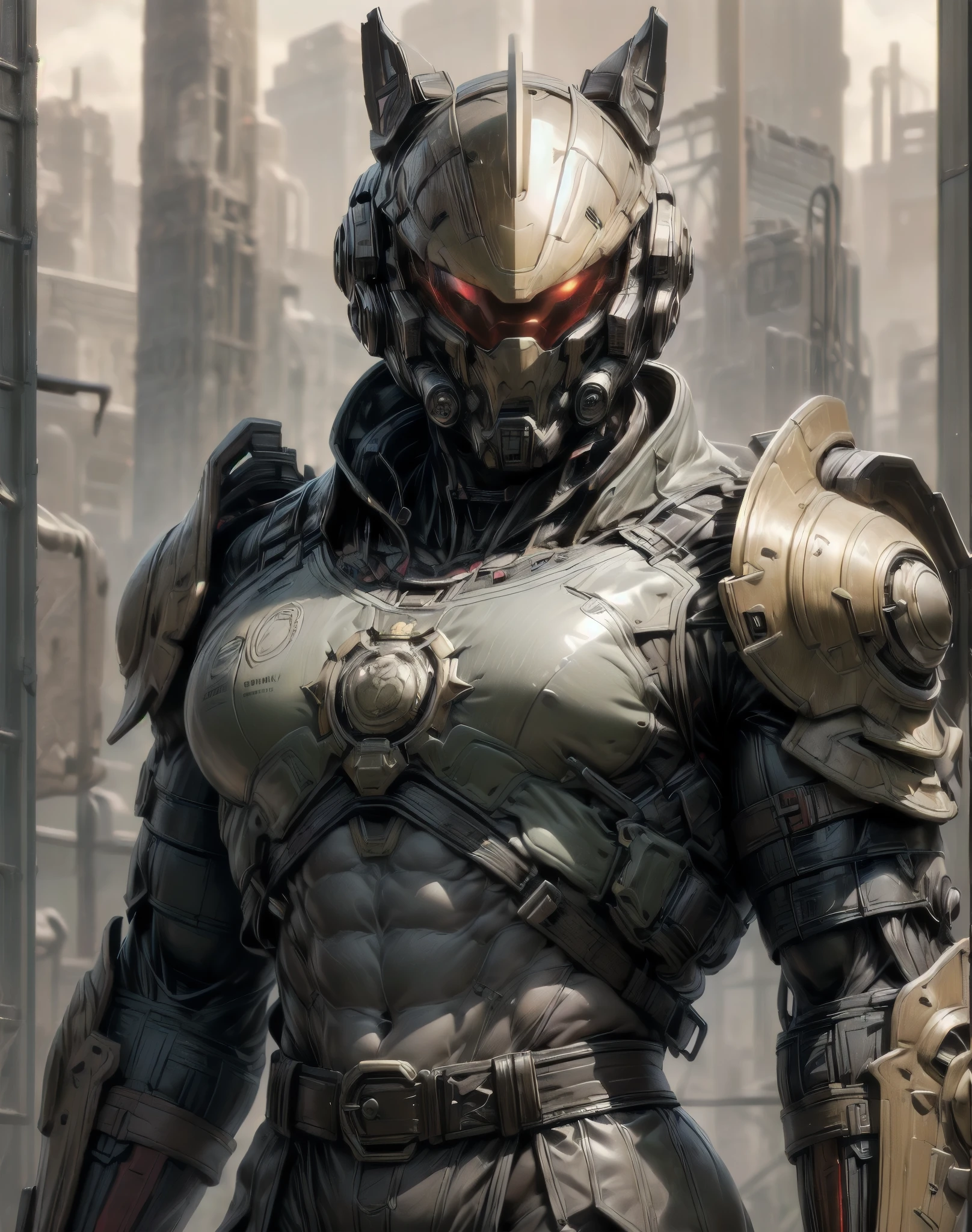 (((epic and visually stunning complex digital anime masterpiece:1.6, elegant decorated tactical military cyborg:1.3, ((gorgeous feminine male physique:1.3, graceful:1.4)) space soldier:1.3))), (((heavily muscled masculine chest:1.4, chiseled abs:1.4, heavily toned:1.4, slim yet muscular:1.3))), (((complex and beautiful:1.3, tactical:1.3, stunning scifi fantasy style:1.5, beautiful scifi style mechanical helmet:1.5, polarized visor:1.5))), (((elegant tactical double breasted trench coat:1.5, sleek exoskeleton:1.3))), (((form fitted armor plating:1.3, super sleek sensually revealing under suit:1.5, waist and thighs exposed:1.5)), ((flamboyant feminine essence:1.4, heavy mechanical gothic aesthetic:1.4)), ((androgynous body build)), (((toned yet heavily muscled gorgeous femboy physique:1.4, gorgeous perfectly defined muscles:1.4, toned sleek mechanical arms and legs:1.4, thick well rounded thighs:1.5, mechanical muscles))), ((((depth of field, cinematic lighting, chromatic aberration, ray tracing, UHD, masterpiece, top of head covered, super detail, high details, high quality, award winning, 8k, highres)))):1.6, (((dieselpunk, decopunk, artificial muscle))):1.6, (((beautifully engraved artdeco scifi style design:1.4)))