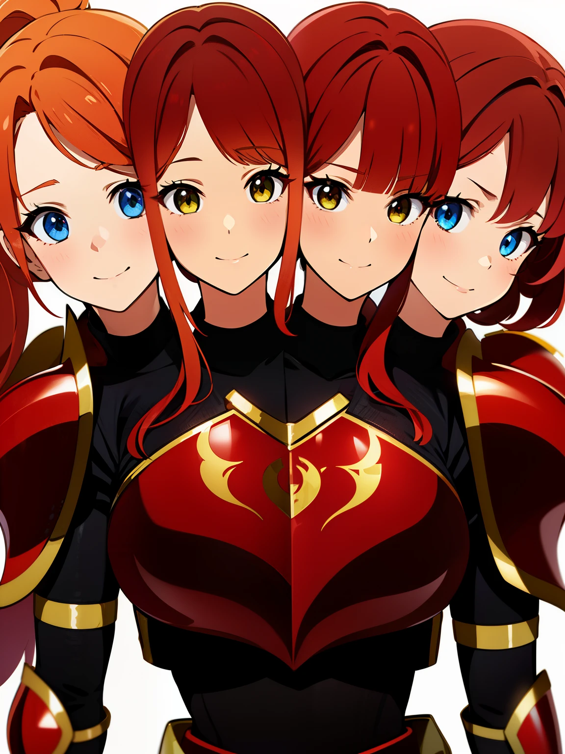 (masterpiece),(ultra-detailed), (high quality), (high resolution), (best quality:1.5, highres, UHD), highres, absurdo, ultra detail, ultra quality, 16k, ((2heads:1.5)), 1girl, ((red hair)), hair ornaments, red armor chest piece, same eye color as the hair color,  girl, ((bandana)), gentle smile, high school background, high ponytail