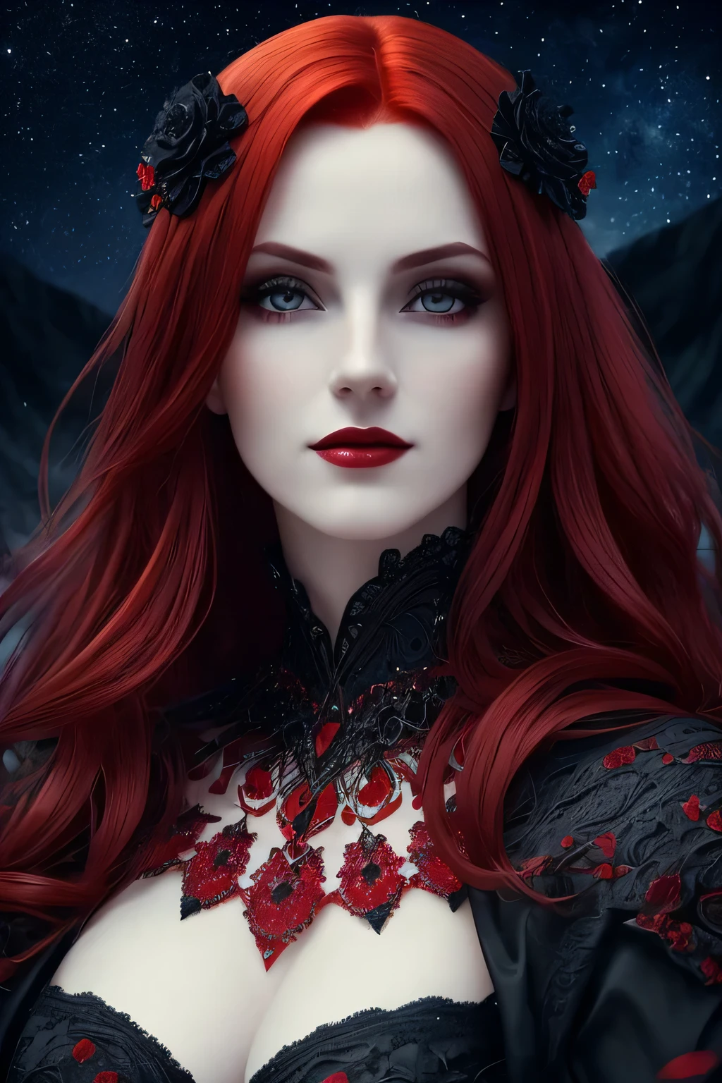 portrait shot, ((vivid red hair)), mature woman, 30 years old, diamond face, moonlight, red starry sky background, depth of field, magic, big red lips, ((dark black eyes)) black and red long and full dress, covered chest, mystical atmosphere, ominous shadows, Intense blue aura, Intense red aura (best quality:1.2), absurdres, intricate details, (highly detailed skin:1.2), smile expression, posing, taut and well defined body, attractive. Highly realistic, pale skin, beautiful, hyperrealism, skin very elaborated, direct gaze
