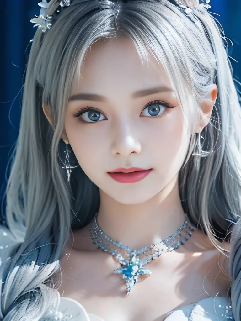 8K、she is a wind fairy、angel wings on the back、blue eyes、Dress that shows your collarbones、blue sky background、close up of face、gray hair、big feathers、Blue and white background、platinum decoration、platinum earrings、platinum necklace、Platinum Silver Hair、platinum silver eyebrows、flashy decoration、Braid、white and blue、smile、clear white skin、well-groomed face、twin tails、