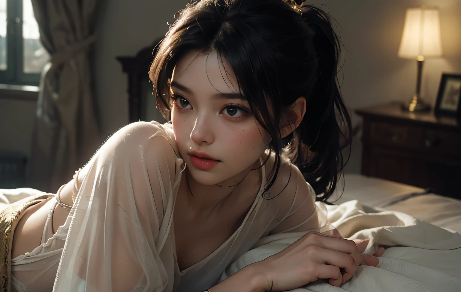 1 girl, Best quality, masterpiece, ultra high res, (photorealistic:1.4), raw photo, 1girl, see through spaghetti strap shirt, cinematic lighting, half body view, half body shot, bedroom, nude but covered by blanket, long ponytail, Whimsical lighting, Enchanted ambiance, bokeh, Dreamy decor, Whimsical lighting, Enchanted ambiance