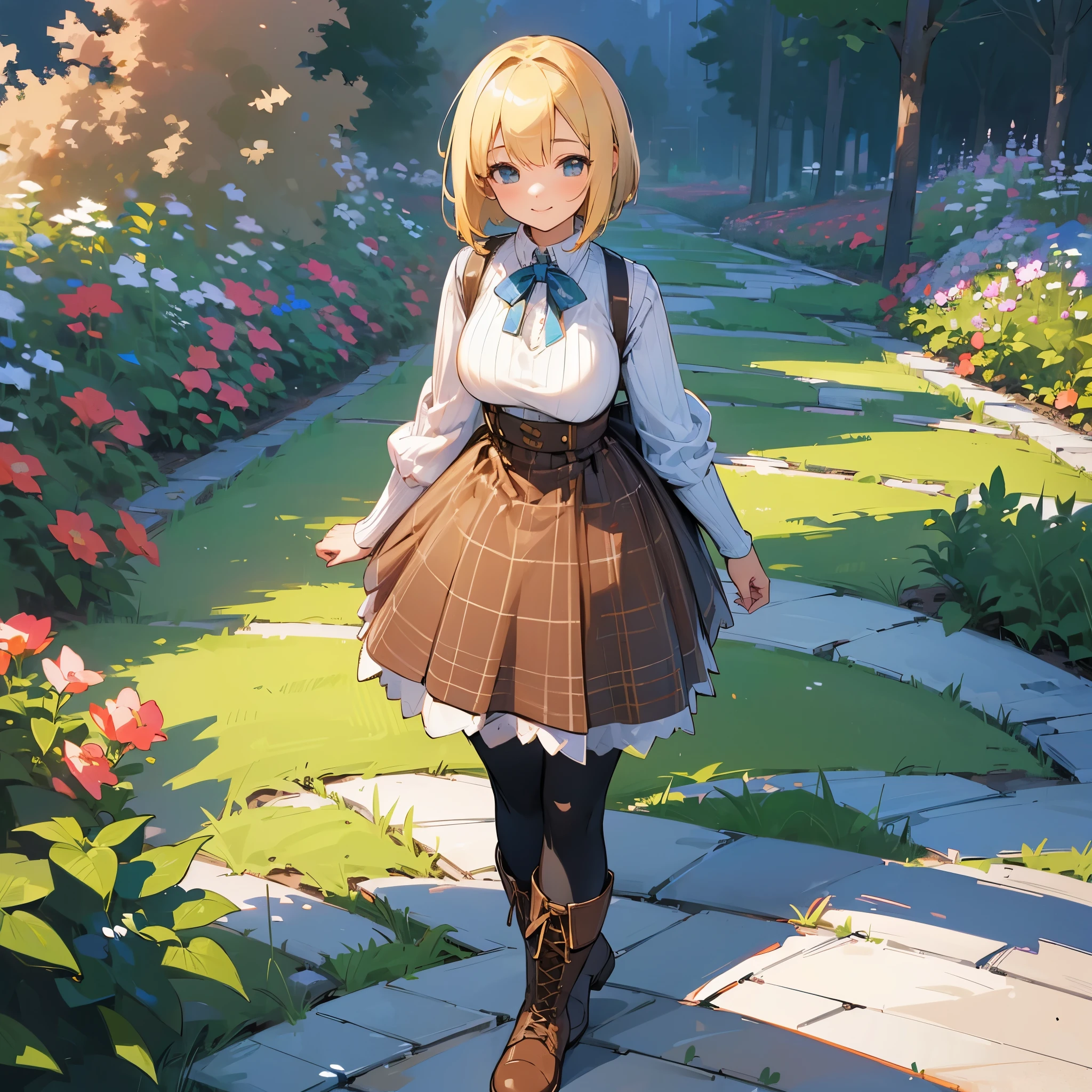 (high quality, High resolution, Super detailed, reality:1.37), peaceful atmosphere, (outdoor, garden), teenage girl standing alone, (my breasts are big.), Beautiful detail features, cute smile, (blonde bob hair), ribbed sweater, blue plaid skirt, black tights, brown boots.