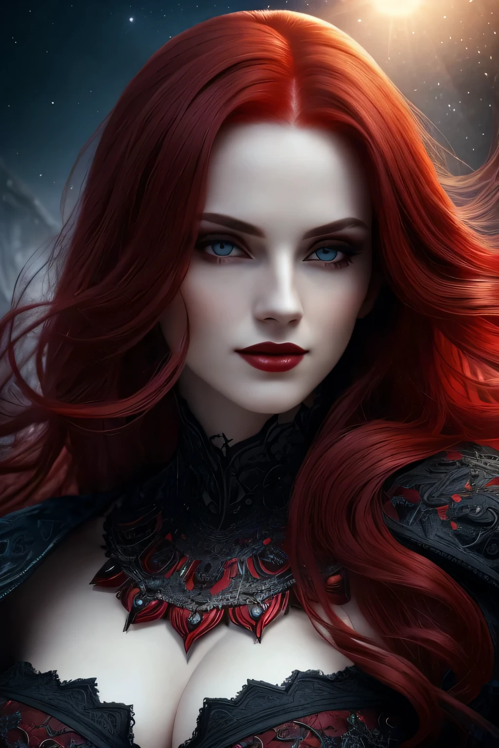 portrait shot, ((vivid red hair)), mature woman, 30 years old, diamond face, moonlight, red starry sky background, depth of field, magic, big red lips, ((dark black eyes)) black and red long and full dress, covered chest, mystical atmosphere, ominous shadows, Intense blue aura, Intense red aura (best quality:1.2), absurdres, intricate details, (highly detailed skin:1.2), smile expression, posing, taut and well defined body, attractive. Highly realistic, pale skin, beautiful, hyperrealism, skin very elaborated, direct gaze

