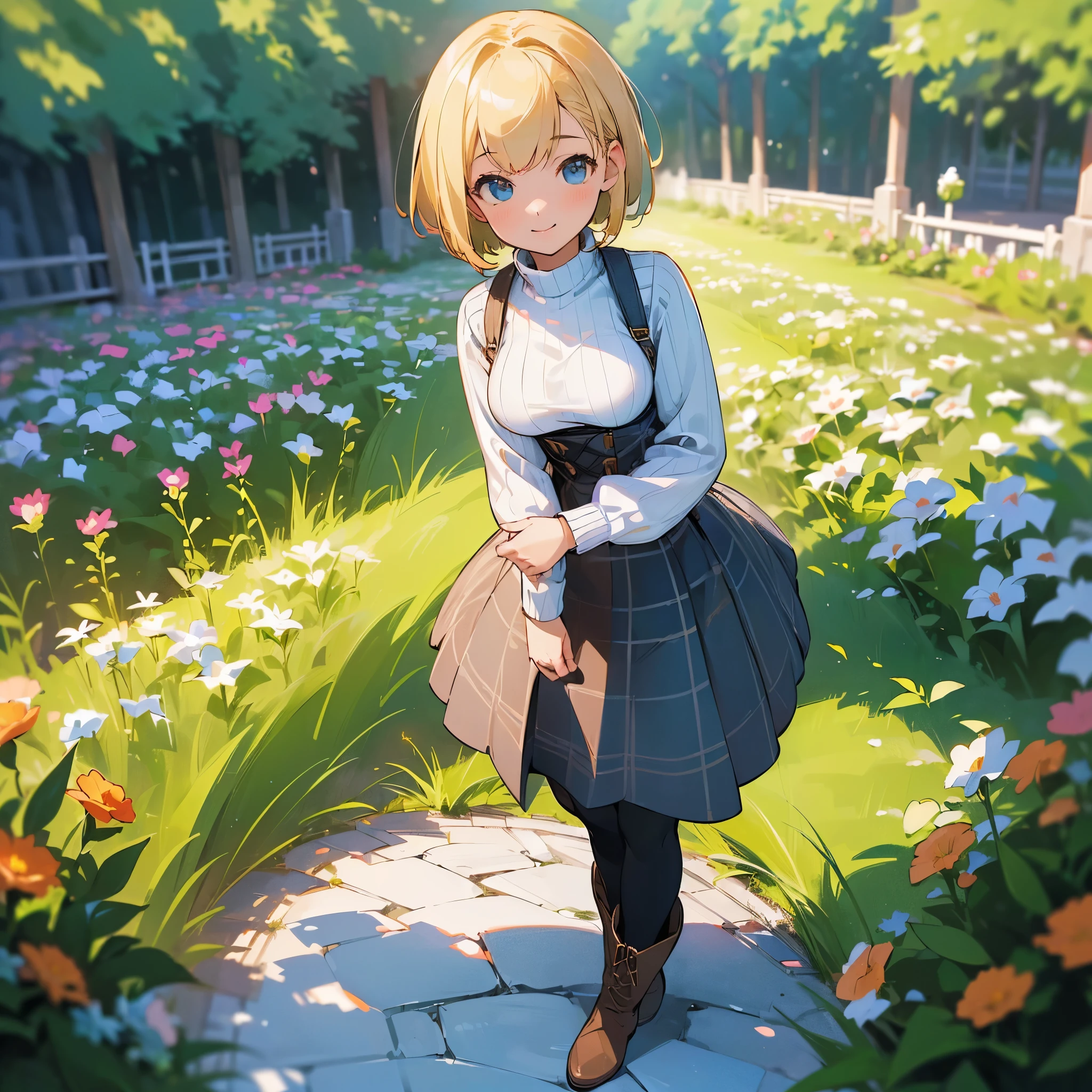 (high quality, High resolution, Super detailed, reality:1.37), peaceful atmosphere, (outdoor, garden), teenage girl standing alone, (my breasts are big.), Beautiful detail features, cute smile, (blonde bob hair), ribbed sweater, blue plaid skirt, black tights, brown boots.
