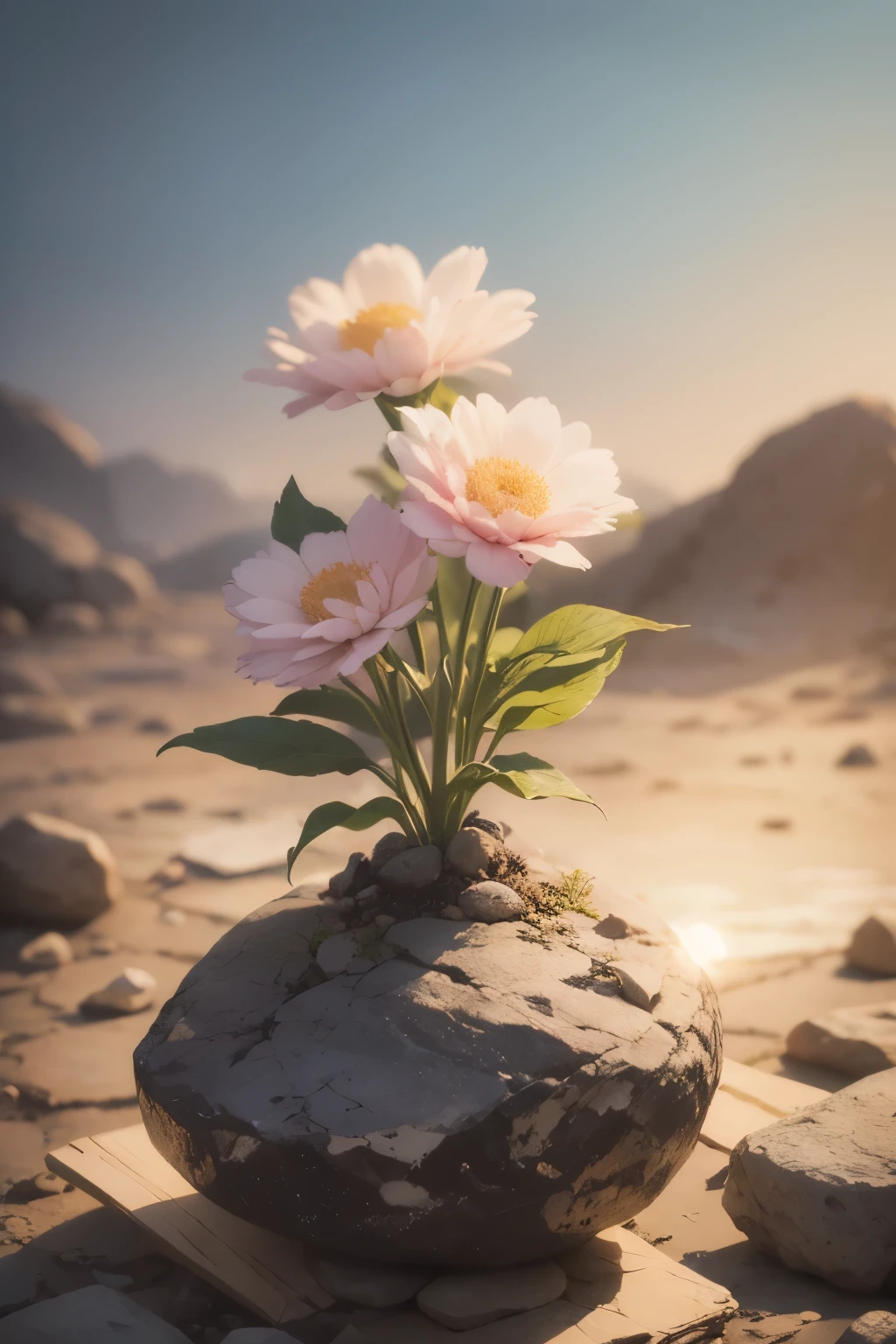 Flowers tied in rough stones、realistic pictures、(((fantastic background)))、(The sunrise is bright)、(((there are no humans)))