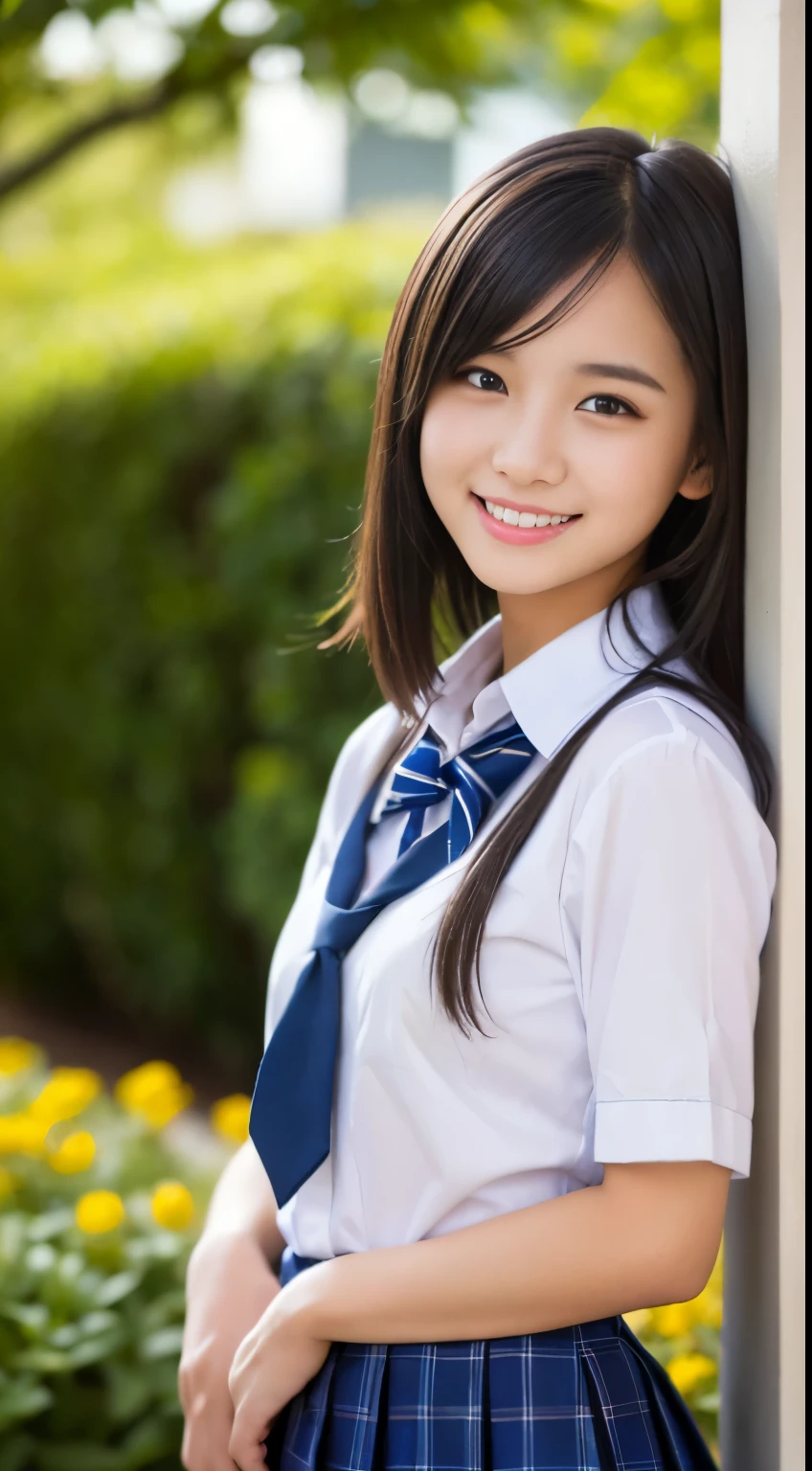(masterpiece:1.2), Japanese, (((18 years old))), (a girl), hair bun, smiling, outdoor, collared shirt, bow tie, pleats skirt,