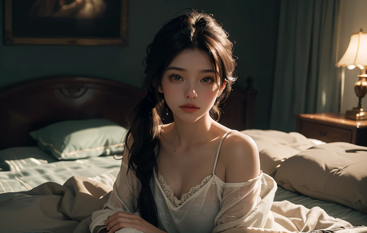 1 girl, Best quality, masterpiece, ultra high res, (photorealistic:1.4), raw photo, 1girl, see through spaghetti strap shirt, cinematic lighting, half body view, half body shot, bedroom, nude but covered by blanket, long ponytail, Whimsical lighting, Enchanted ambiance, bokeh, Dreamy decor, Whimsical lighting, Enchanted ambiance