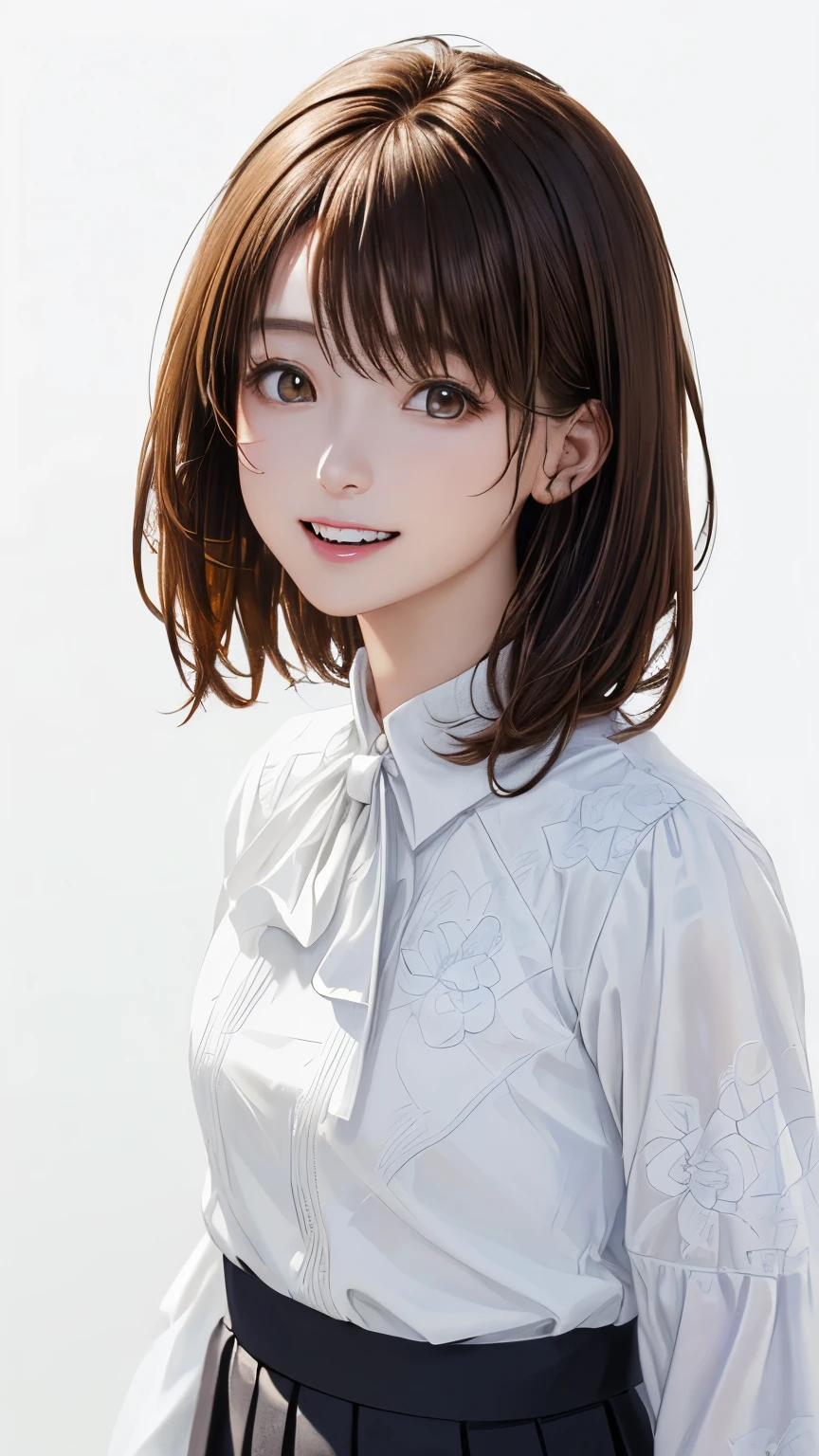 (highest quality、8K、32k、masterpiece)、(realistic)、(Photoreal:1.2)、(High resolution)、Super detailed、very beautiful face and eyes、1 girl、round and small face、thin waist、delicate body、(close、highest quality、high detail、Rich skin details)、(highest quality、8K、oil paint:1.2)、Super detailed、(realistic、realistic:1.37)、bright colors、(((brown hair)))、(((bust shot)))、(((medium hair)))、(((pure white wall background)))、(((pure white wall background)))、(((I'm an OL)))、(((looking stunned)))、(((I&#39;laughing)))、(((wearing a white floral pattern blouse)))、(((look straight ahead)))、(((brown hair)))、(((I have brown hair)))、(((the skirt is short)))、(((teeth visible)))、(((operating a mobile phone)))、