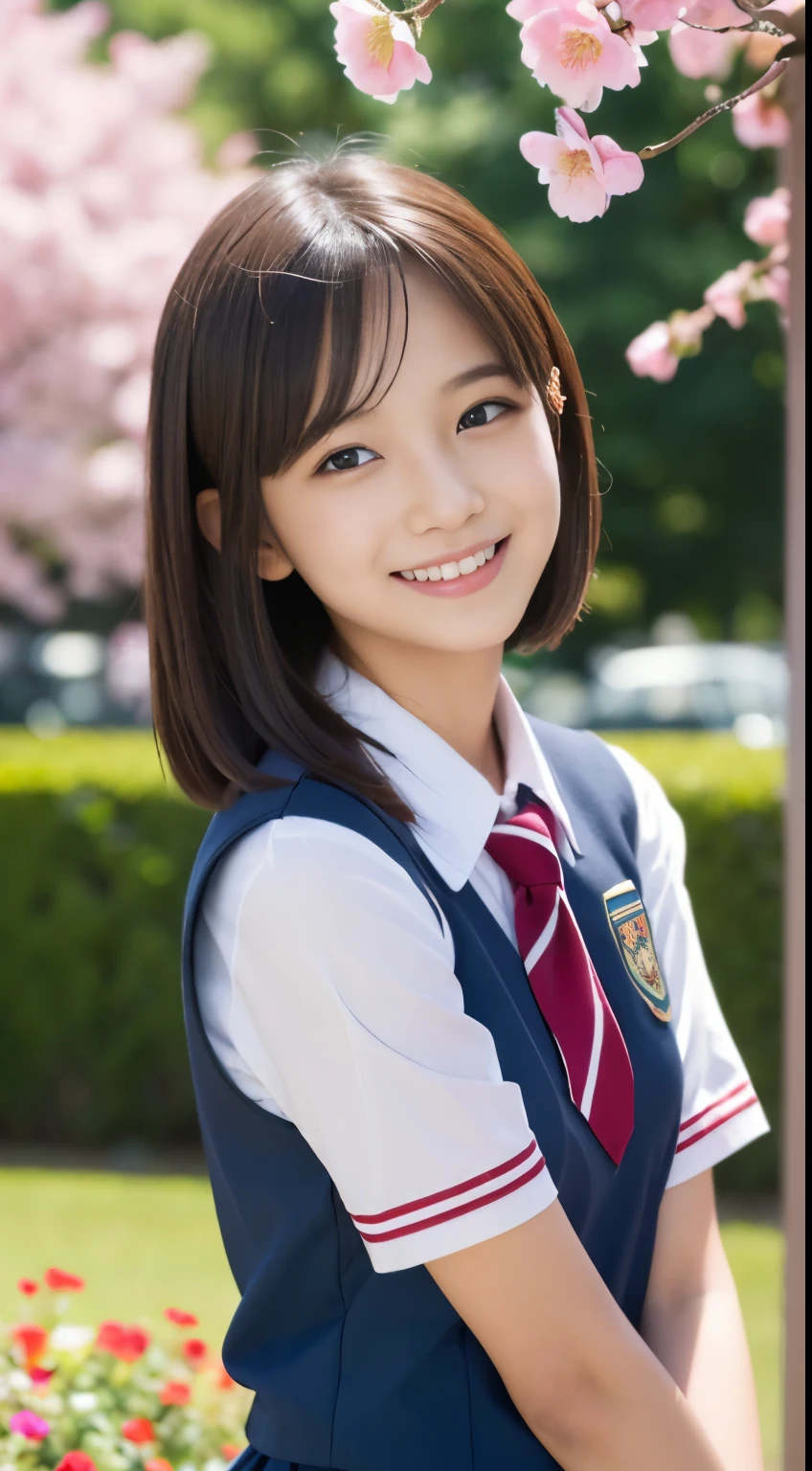 ((Girls' High School Uniforms))、((1people))、short hair、close to subject、((Upper body))、((School flower beds)))、(((smile)))、(((Girls' High School)))、((beautiful girl))、Photoreal、detailed and beautiful eyes、hyper realism、high contrast、ultra hd、realistic skin texture、best image quality、highest quality、超A high resolution、small details、very politely