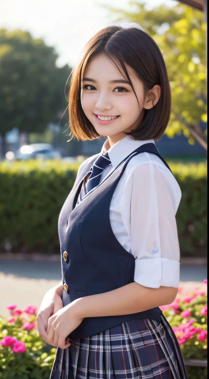 ((Girls' High School Uniforms))、((１people))、short hair、close to subject、((Upper body))、((School flower beds)))、(((smile)))、(((Girls' High School)))、((beautiful girl))、Photoreal、detailed and beautiful eyes、hyper realism、high contrast、ultra hd、realistic skin texture、best image quality、highest quality、超A high resolution、small details、very politely