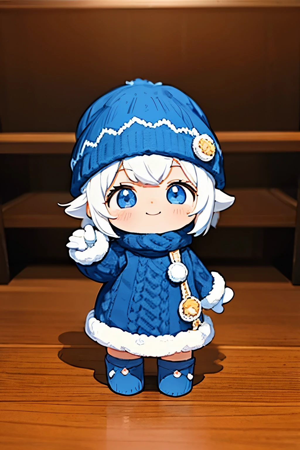 The following scenes will be expressed using chibi girl dolls.（Photoreal、A  takes a commemorative photo in the cave of Vatnajökull Glacier、smile、cute winter clothes、knitted hat、woolen gloves、Right hand up）