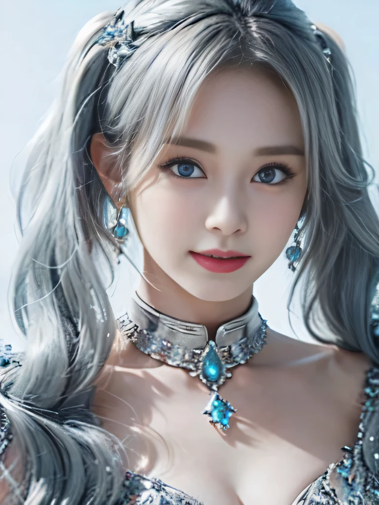 8K、she is a wind fairy、angel wings on the back、blue eyes、Dress that shows your collarbones、blue sky background、close up of face、gray hair、big feathers、Blue and white background、platinum decoration、platinum earrings、platinum necklace、プラチナsilver hair、platinum silver eyebrows、flashy decoration、Braid、white and blue、smile、clear white skin、well-groomed face、twin tails、silver hair、stern look、