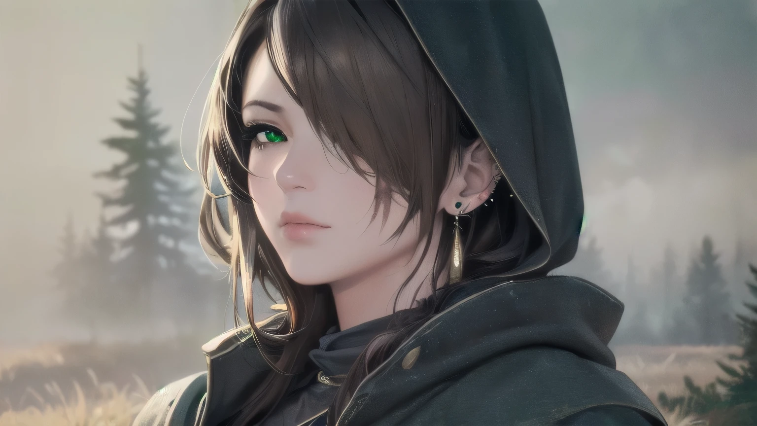 At night, dark scene, In the foggy forest,  1girl, with a horse, medieval traveler, mature female，Ultra-detailed face, dirt and scars on face, serious facial expression, cold hearted, cold blooded, Detailed green eyes, brown hair, hair over one eye, hood，heavy cloak，earrings，ear piercings, large breasts, Narrow waist，((no close up)), (8k, RAW photos, highest quality, masterpiece: 1.7). (Realistic, Photorealistic: 1.9), carring a backpack, traveling gear, medieval sword
