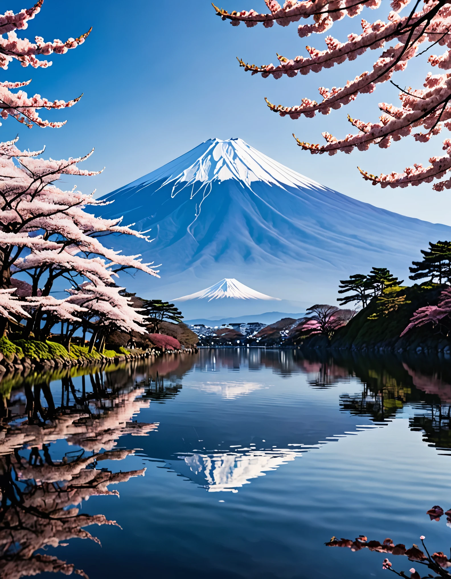 As an unparalleled genius of contemporary art, I、We envision a breathtaking tableau that captures the essence.。 "reflection" In the quiet beauty of Fuji Five Lakes. Please imagine this: これらのnatureのままの湖の一つの静かな岸辺, The majestic silhouette of Mt. Fuji rising on the horizon. my prompt is、We are looking for the creation of ultra-realistic illustrations that express the fantastical scene of cherry blossoms in full bloom.。, The delicate petals reflected beautifully on the calm surface of the lake., Towering against the backdrop of the iconic Mt. Fuji. Each flower is carefully crafted, The viewer is transported into this idyllic setting.、A sense of wonder and tranquility is evoked。. With precise brush strokes or digital wizardry, 日本のnature美の時代を超越した魅力を凝縮した傑作を作ります, inviting viewers to immerse themselves in the harmonious interplay of reflection, nature, and culture.