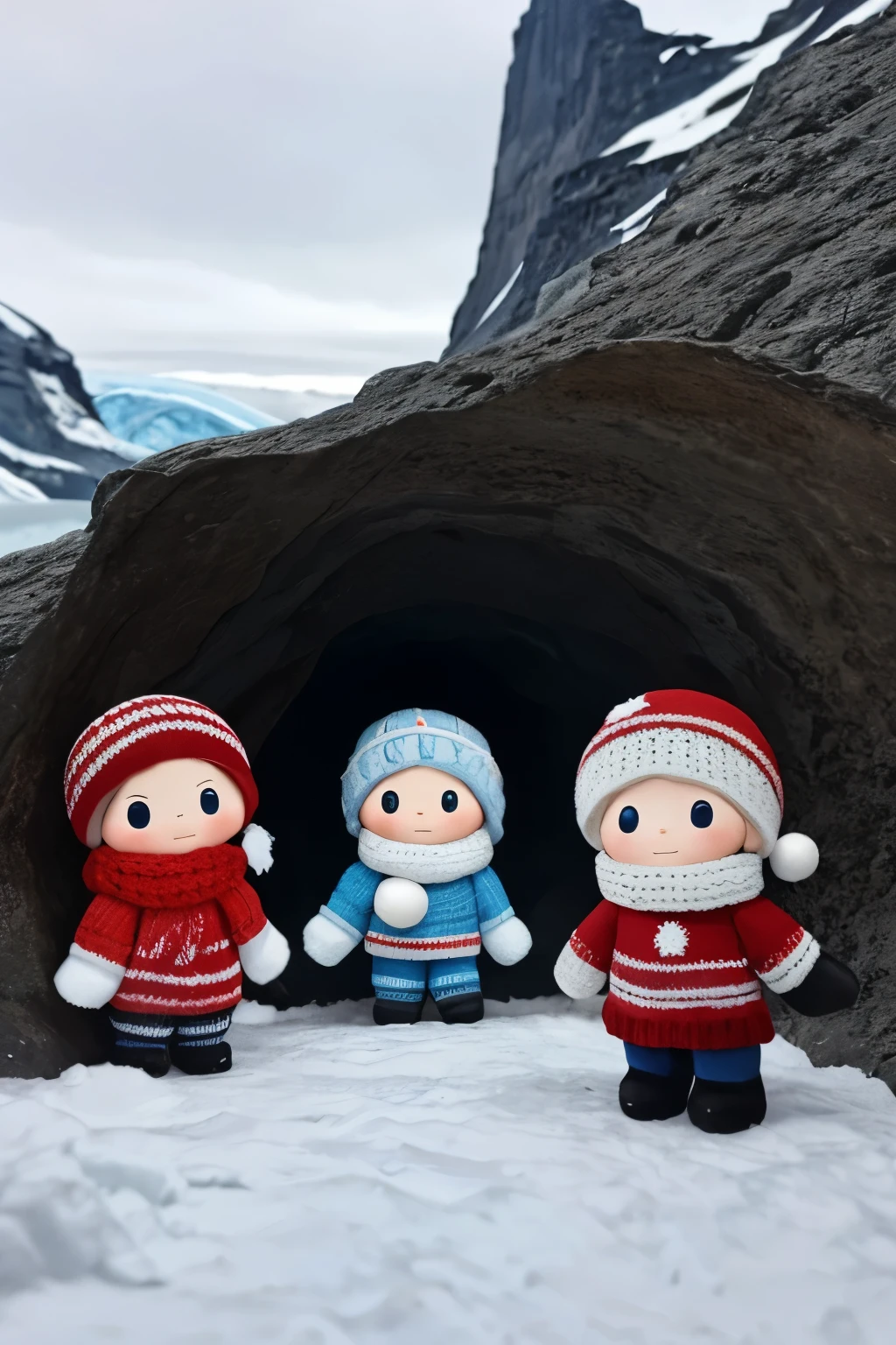 The following scenes will be expressed using chibi girl dolls.（Photoreal、A  takes a commemorative photo in the cave of Vatnajökull Glacier、smile、cute winter clothes、knitted hat、woolen gloves、Right hand up）