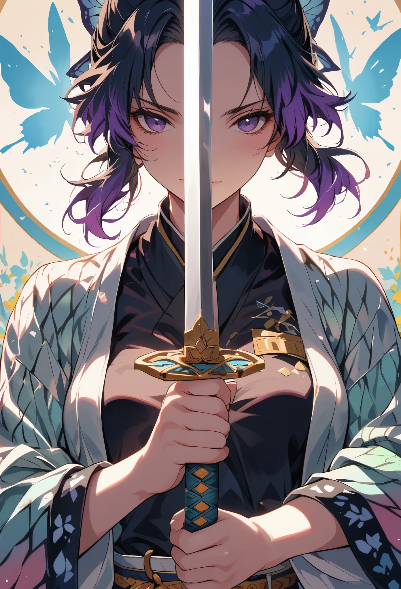 KINOMOTO SAKURA，Sword in both hands，Under the cherry blossom tree，kimono