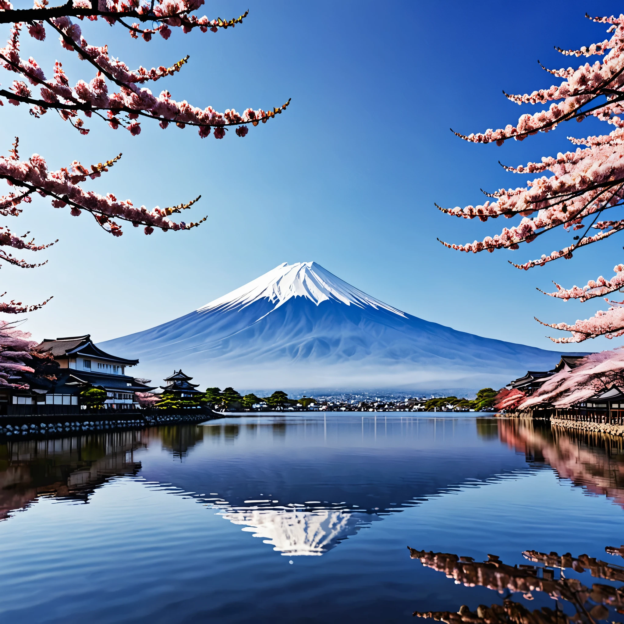 As an unparalleled genius of contemporary art, I、We envision a breathtaking tableau that captures the essence.。 "reflection" In the quiet beauty of Fuji Five Lakes. Please imagine this: これらのnatureのままの湖の一つの静かな岸辺, The majestic silhouette of Mt. Fuji rising on the horizon. my prompt is、We are looking for the creation of ultra-realistic illustrations that express the fantastical scene of cherry blossoms in full bloom.。, The delicate petals reflected beautifully on the calm surface of the lake., Towering against the backdrop of the iconic Mt. Fuji. Each flower is carefully crafted, The viewer is transported into this idyllic setting.、A sense of wonder and tranquility is evoked。. With precise brush strokes or digital wizardry, 日本のnature美の時代を超越した魅力を凝縮した傑作を作ります, inviting viewers to immerse themselves in the harmonious interplay of reflection, nature, and culture.