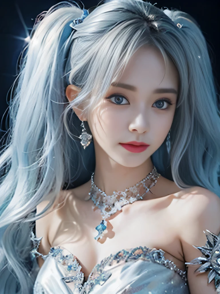 8K、she is a wind fairy、angel wings on the back、blue eyes、Dress that shows your collarbones、blue sky background、close up of face、gray hair、big feathers、Blue and white background、platinum decoration、platinum earrings、platinum necklace、プラチナsilver hair、platinum silver eyebrows、flashy decoration、Braid、white and blue、smile、clear white skin、well-groomed face、twin tails、silver hair、stern look、