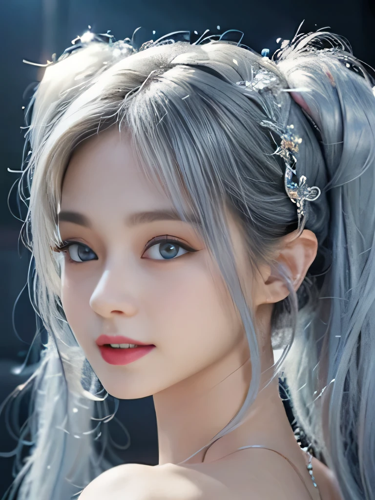 8K、she is a wind fairy、angel wings on the back、blue eyes、Dress that shows your collarbones、blue sky background、close up of face、gray hair、big feathers、Blue and white background、platinum decoration、platinum earrings、platinum necklace、プラチナsilver hair、platinum silver eyebrows、flashy decoration、Braid、white and blue、smile、clear white skin、well-groomed face、twin tails、silver hair、stern look、