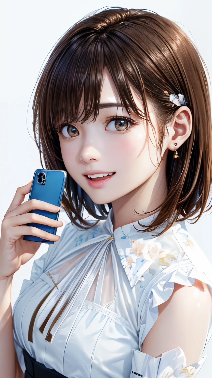 (highest quality、8K、32k、masterpiece)、(realistic)、(Photoreal:1.2)、(High resolution)、Super detailed、very beautiful face and eyes、1 girl、round and small face、thin waist、delicate body、(close、highest quality、high detail、Rich skin details)、(highest quality、8K、oil paint:1.2)、Super detailed、(realistic、realistic:1.37)、bright colors、(((brown hair)))、(((bust shot)))、(((medium hair)))、(((pure white wall background)))、(((pure white wall background)))、(((I'm an OL)))、(((looking stunned)))、(((I&#39;laughing)))、(((wearing a white floral pattern blouse)))、(((look straight ahead)))、(((brown hair)))、(((I have brown hair)))、(((the skirt is short)))、(((teeth visible)))、(((operating a mobile phone)))、(((playing with a smartphone)))