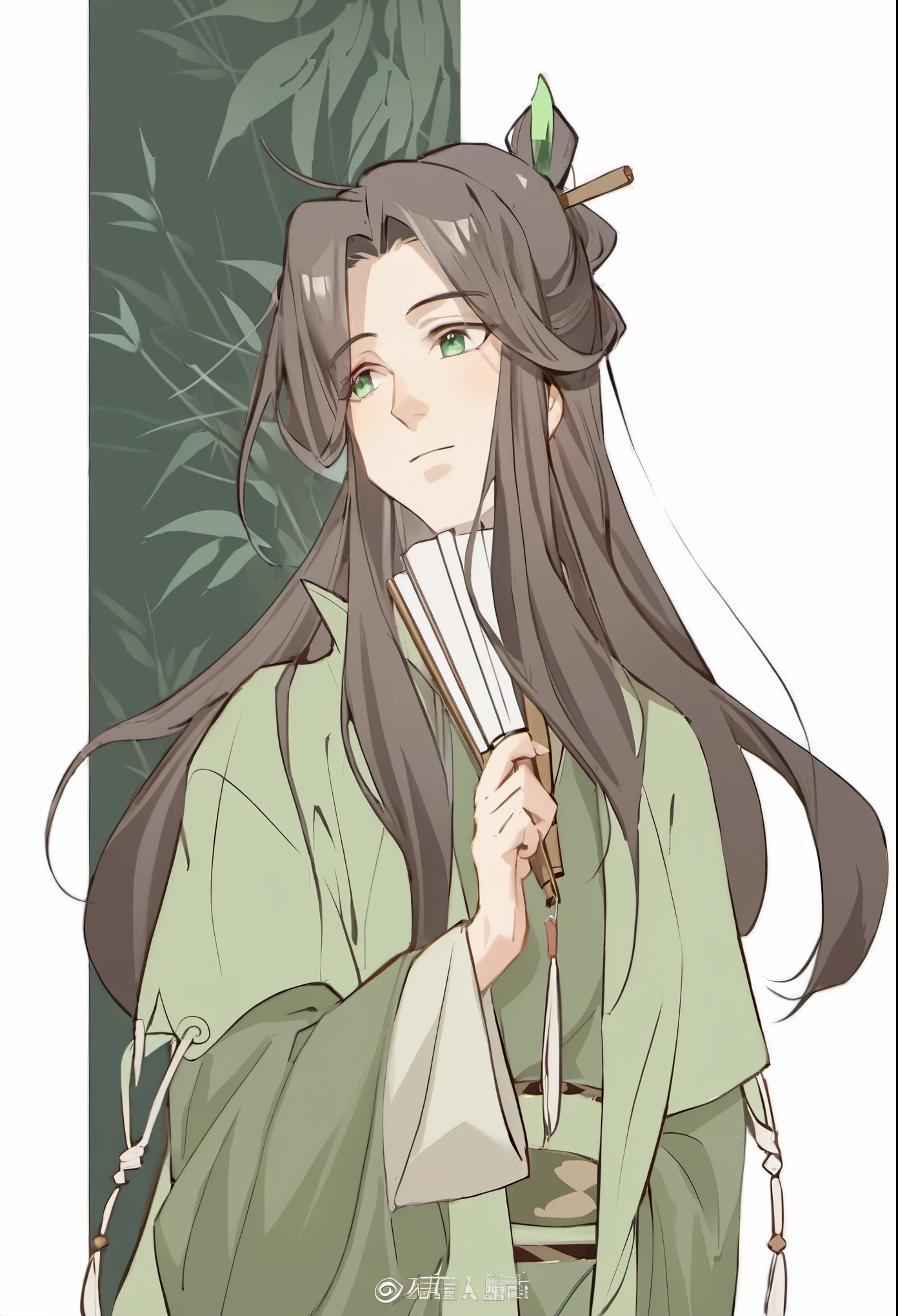 ancient Chinese style man, with long black hair, wearing water green hanfu, holding a fan in one of the hands, daytime atmosphere, bamboo landscape scenery