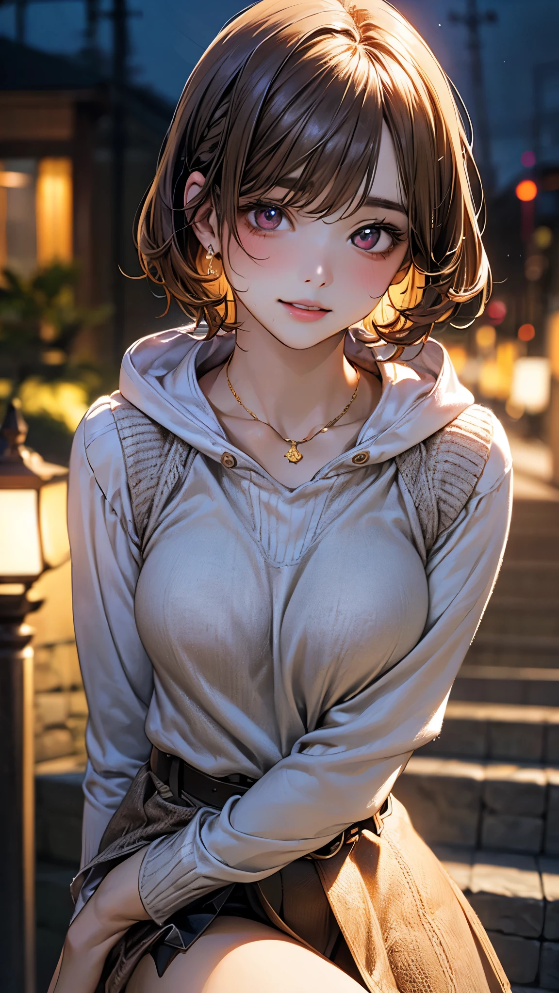 (masterpiece:1.3, top-quality, ultra high res, ultra detailed), (realistic, photorealistic:1.4), beautiful illustration, perfect lighting, natural lighting, colorful, depth of fields, 
beautiful detailed hair, beautiful detailed face, beautiful detailed eyes, beautiful clavicle, beautiful body, beautiful chest, beautiful thigh, beautiful legs, beautiful fingers, 
looking at viewer, (face focus, upper body), 1 girl, japanese, sculpture model, perfect face, (perfect anatomy, anatomically correct), cute and symmetrical face, babyface, , shiny skin, 
(short hair:1.7, half up hair:1.9, light brown hair), bangs, braided bangs, gold eyes, long eye lasher, (medium breasts:1.6, tight butt, seductive thighs), 
fine fabric texture, ((hooded long sleeve t-shirt, knitted vest:1.7, white tight skirt with high waist, belt)), garnet necklace, 
(beautiful scenery), night, standing, (seductive smile, parted lips), 