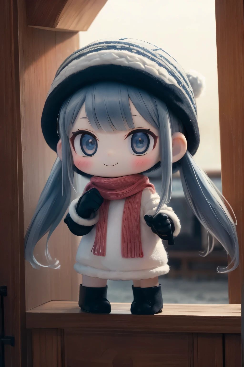 The following scenes will be expressed using chibi girl dolls.（Photoreal、A  takes a commemorative photo in the cave of Vatnajökull Glacier、smile、cute winter clothes、knitted hat、woolen gloves、Right hand up）