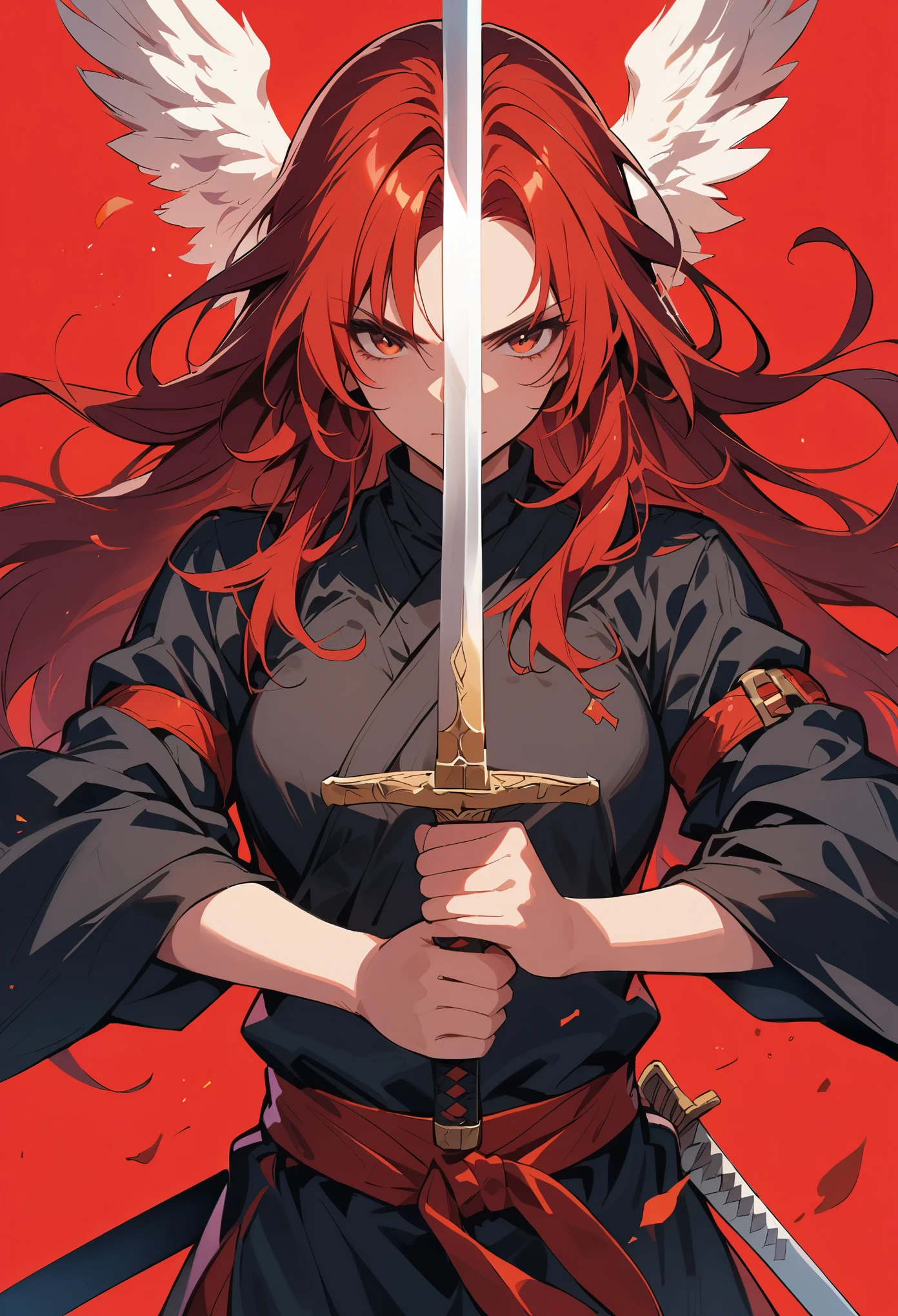 Angel,swordsman,1girl,long hair,red background,red hair,solo,sword,weapon,holding sword with both hands,sword focus