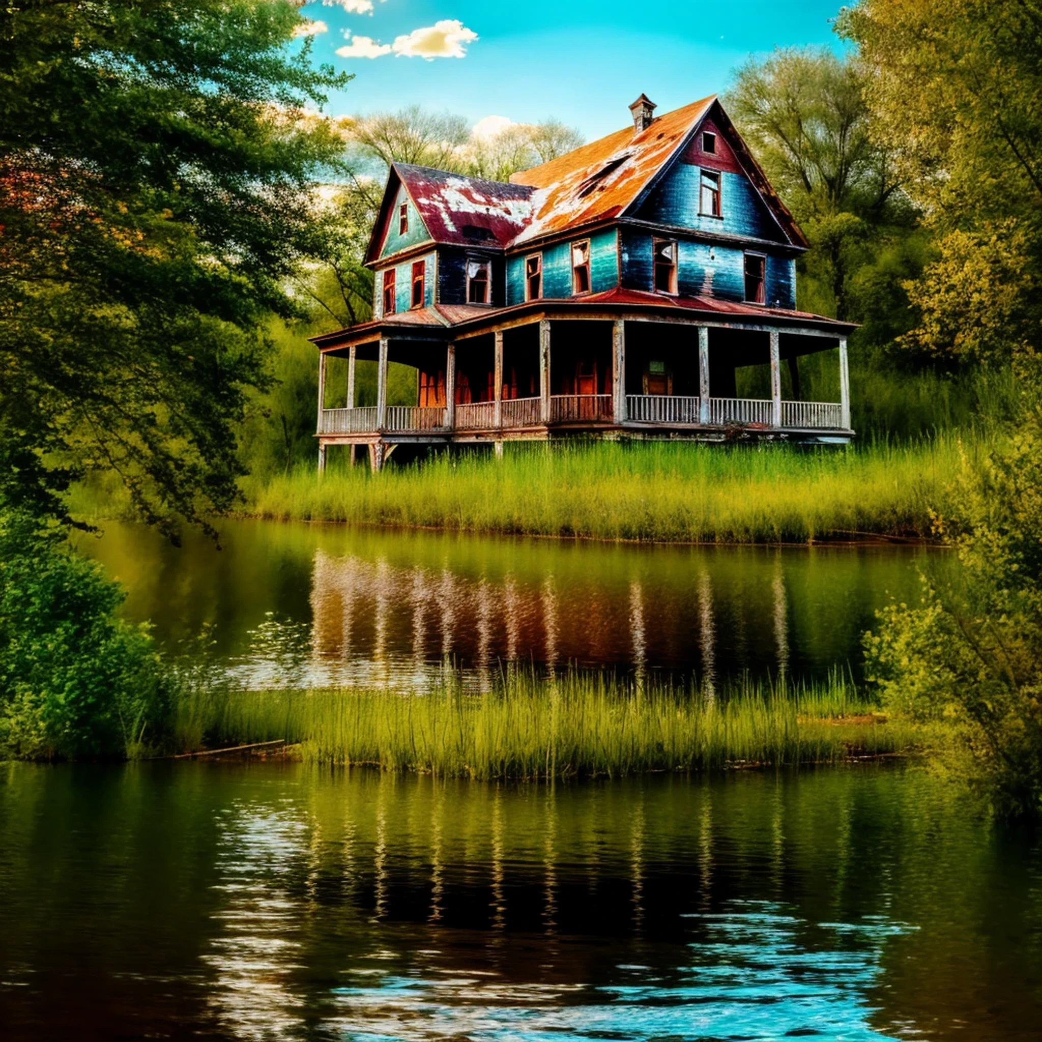 Abandoned house by the lake,landscape, water, (8k wallpaper of extremely detailed CG unit), most beautiful works of art in the world, majestic oil painting professional, intricate, high detail, sharp focus, dramatic and photorealistic painting art