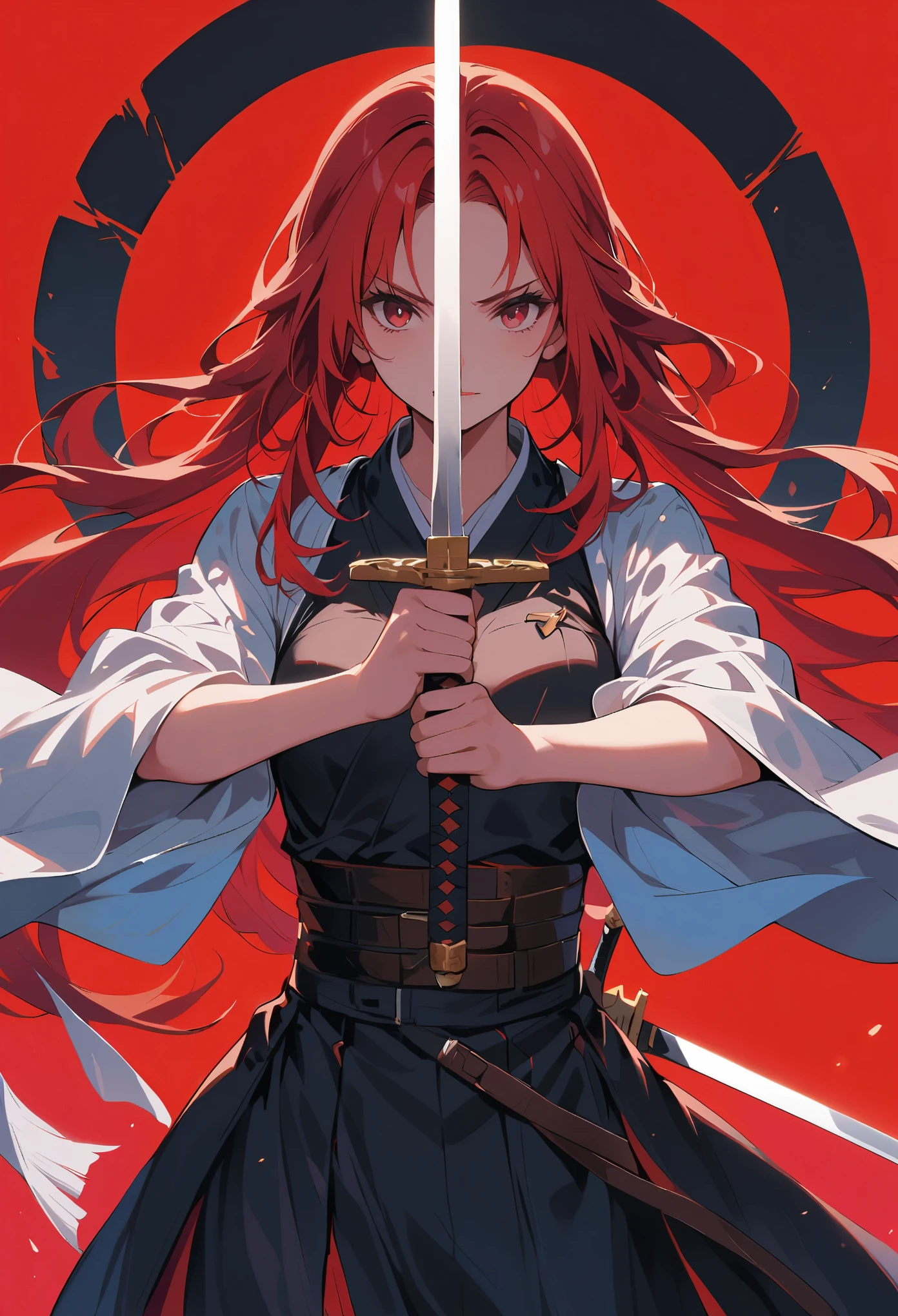 Angel，swordsman,1girl,long hair,red background,red hair,solo,sword,weapon,holding sword with both hands,sword focus