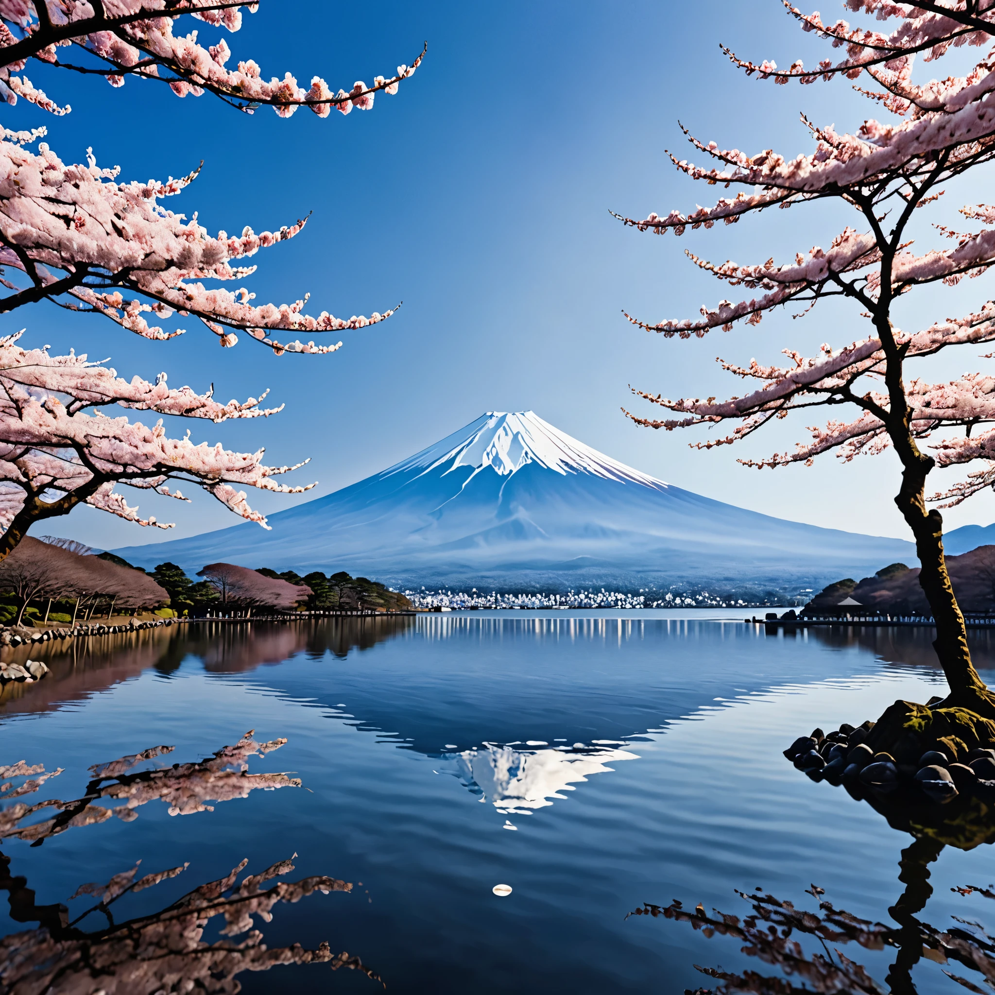 As an unparalleled genius of contemporary art, I、We envision a breathtaking tableau that captures the essence.。 "reflection" In the quiet beauty of Fuji Five Lakes. Please imagine this: これらのnatureのままの湖の一つの静かな岸辺, The majestic silhouette of Mt. Fuji rising on the horizon. my prompt is、We are looking for the creation of ultra-realistic illustrations that express the fantastical scene of cherry blossoms in full bloom.。, The delicate petals reflected beautifully on the calm surface of the lake., Towering against the backdrop of the iconic Mt. Fuji. Each flower is carefully crafted, The viewer is transported into this idyllic setting.、A sense of wonder and tranquility is evoked。. With precise brush strokes or digital wizardry, 日本のnature美の時代を超越した魅力を凝縮した傑作を作ります, inviting viewers to immerse themselves in the harmonious interplay of reflection, nature, and culture.