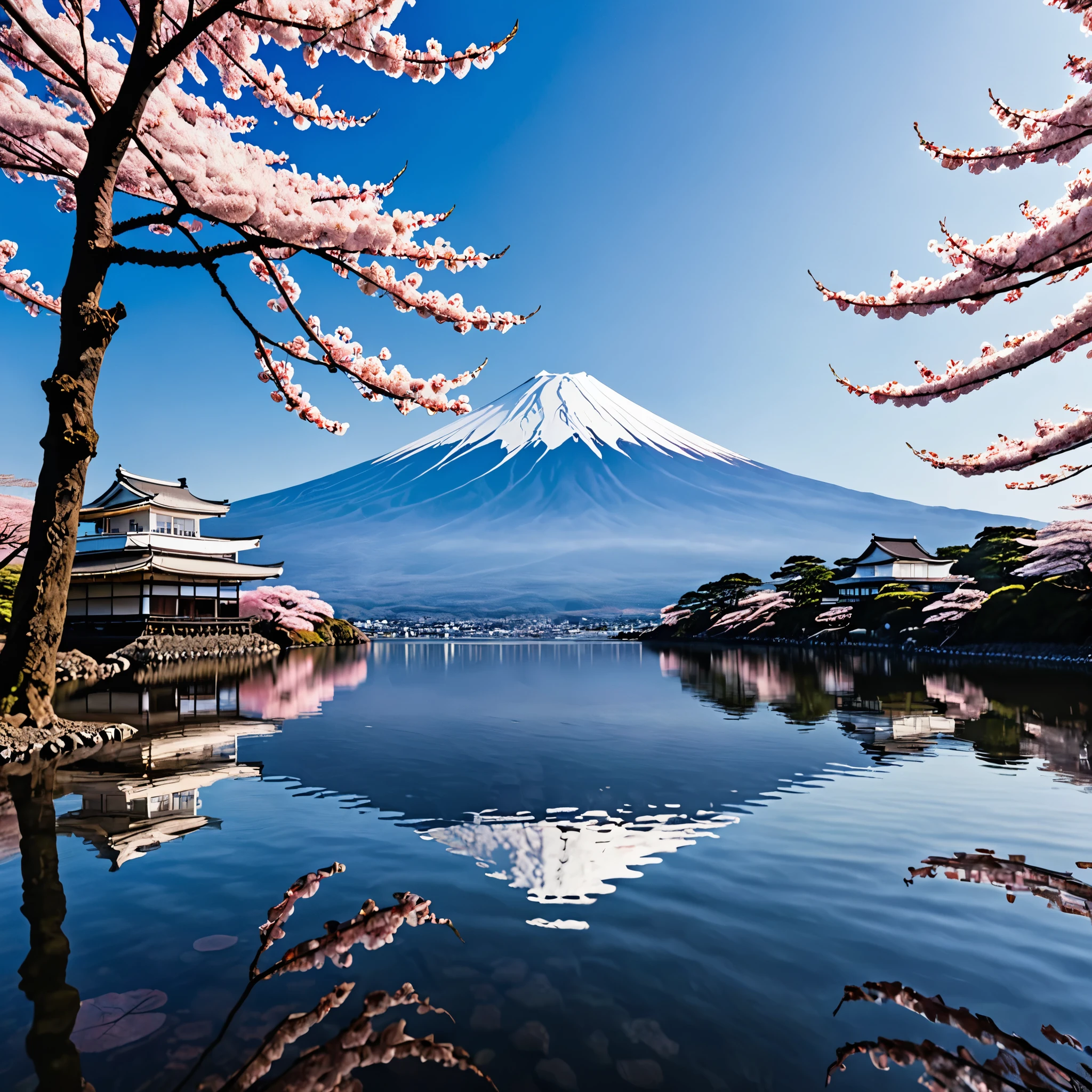 As an unparalleled genius of contemporary art, I、We envision a breathtaking tableau that captures the essence.。 "reflection" In the quiet beauty of Fuji Five Lakes. Please imagine this: これらのnatureのままの湖の一つの静かな岸辺, The majestic silhouette of Mt. Fuji rising on the horizon. my prompt is、We are looking for the creation of ultra-realistic illustrations that express the fantastical scene of cherry blossoms in full bloom.。, The delicate petals reflected beautifully on the calm surface of the lake., Towering against the backdrop of the iconic Mt. Fuji. Each flower is carefully crafted, The viewer is transported into this idyllic setting.、A sense of wonder and tranquility is evoked。. With precise brush strokes or digital wizardry, 日本のnature美の時代を超越した魅力を凝縮した傑作を作ります, inviting viewers to immerse themselves in the harmonious interplay of reflection, nature, and culture.