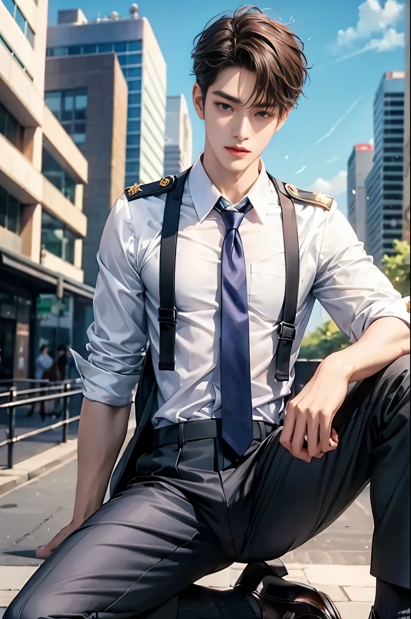 there is a man sitting on a bench in a city, sakimichan, cai xukun, inspired by Zhang Han, handsome anime pose, sakimichan frank franzzeta, delicate androgynous prince, beautiful androgynous prince, inspired by Yanjun Cheng, anime handsome man, (sfw) safe for work, jk uniform