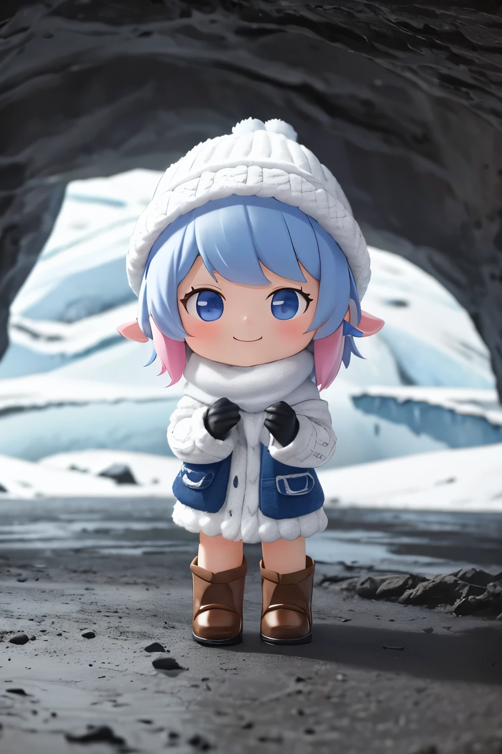 The following scenes will be expressed using chibi girl dolls.（Photoreal、A  takes a commemorative photo in the cave of Vatnajökull Glacier、smile、cute winter clothes、knitted hat、woolen gloves、Right hand up）