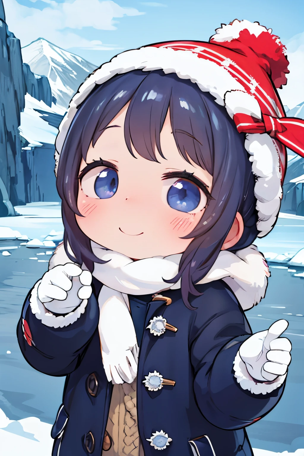 The following scenes will be expressed using chibi girl dolls.(Photoreal、A takes a commemorative photo in the cave of Vatnajökull Glacier、smile、cute winter clothes、knitted hat、woolen gloves、Right hand up)