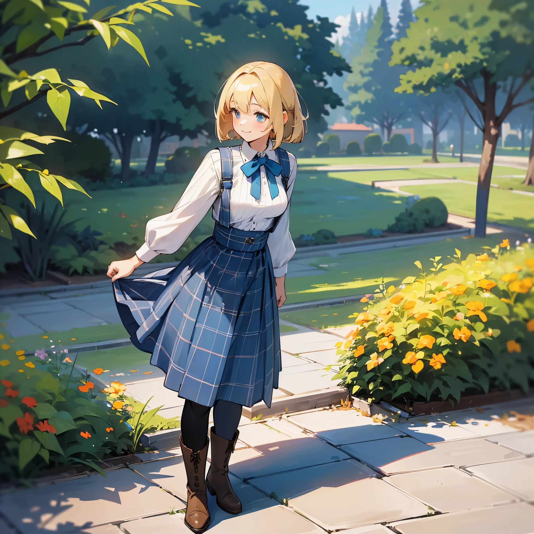 (high quality, High resolution, Super detailed, reality:1.37), peaceful atmosphere, (outdoor, garden), teenage girl standing alone, (my breasts are big.), Beautiful detail features, cute smile, (blonde bob hair), ribbed sweater, blue plaid skirt, black tights, brown boots.