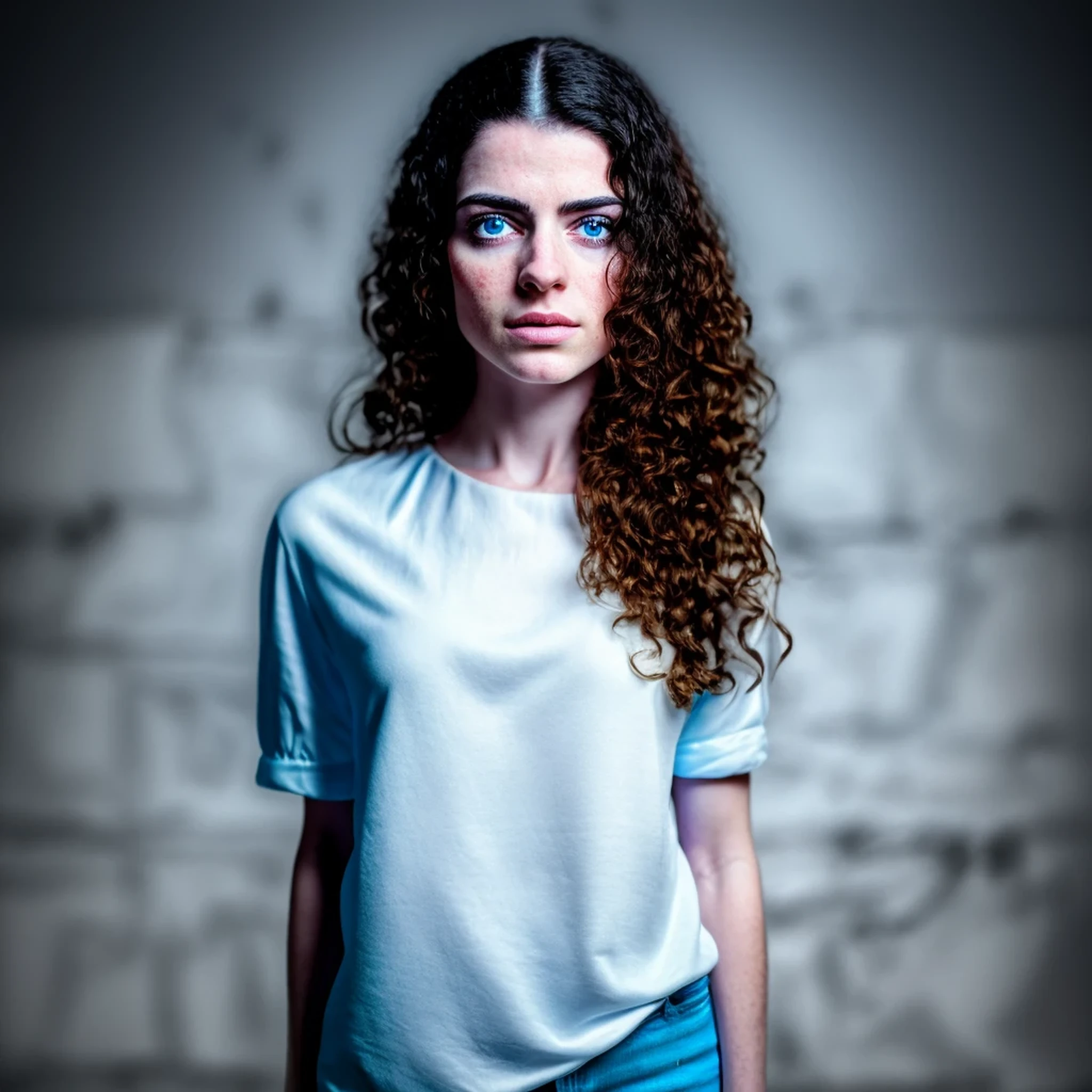 arafed woman with freckles and blue eyes standing in front of a wall, cinematic realistic portrait, 8k portrait render, realistic face moody lighting, cyberpunk art ultrarealistic 8k, hyper-realistic cyberpunk style, soft portrait shot 8 k, 8 k realistic digital art, cyberpunk style ， hyperrealistic, realistic digital art 4k, realistic digital art 4 k