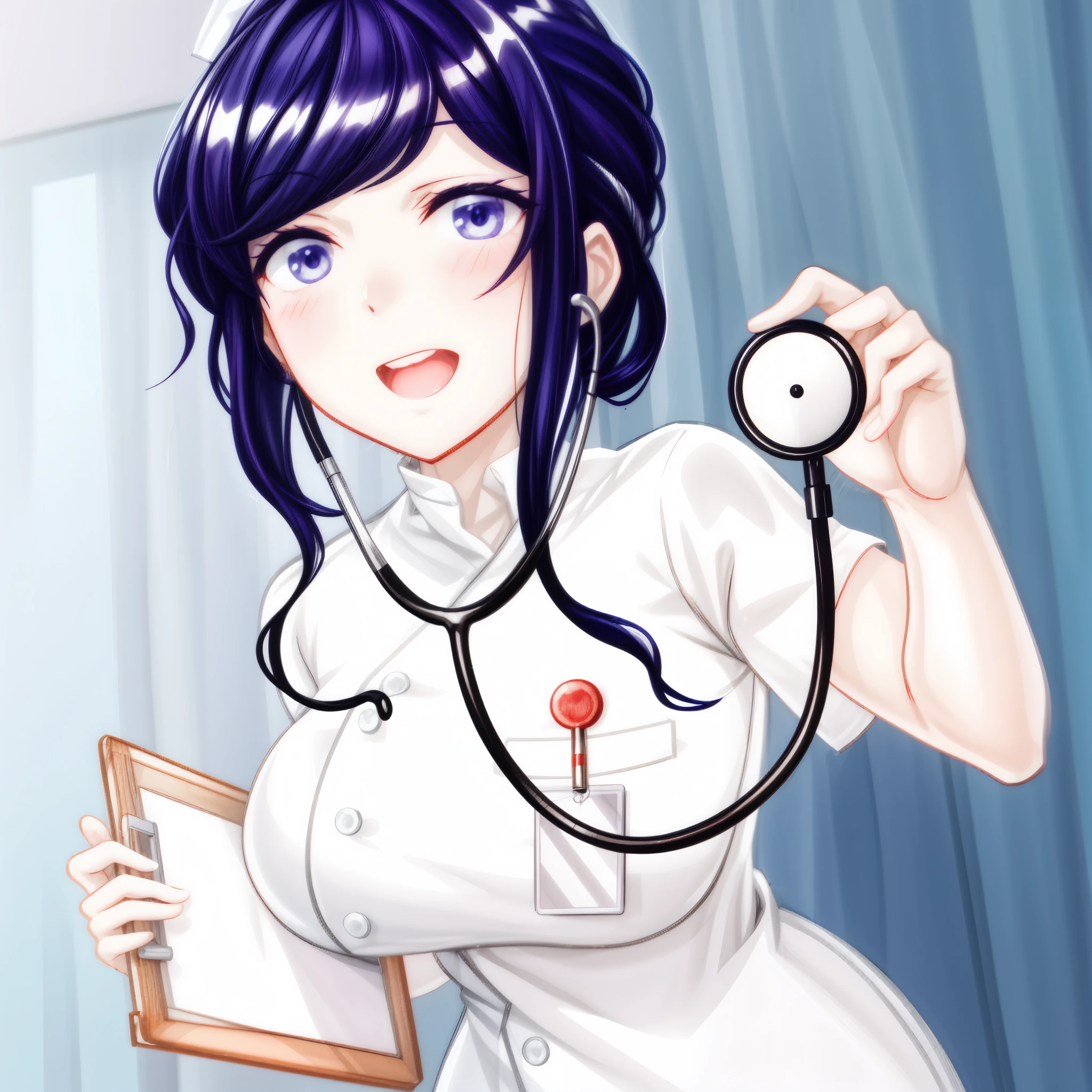 anime nurse with stethoscope and clipboard in hand, stethoscope!, nurse girl, hinata hyuga, with a stethoscope, misato katsuragi, marin kitagawa fanart, with a lab coat, doctor, wearing lab coat and a blouse, shirabii, (doctor), gapmoe yandere, nursing