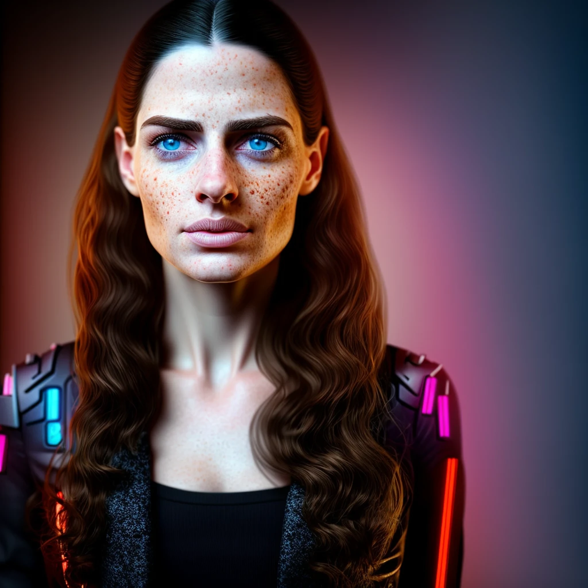 arafed woman with freckles and blue eyes standing in front of a wall, cinematic realistic portrait, 8k portrait render, realistic face moody lighting, cyberpunk art ultrarealistic 8k, hyper-realistic cyberpunk style, soft portrait shot 8 k, 8 k realistic digital art, cyberpunk style ， hyperrealistic, realistic digital art 4k, realistic digital art 4 k