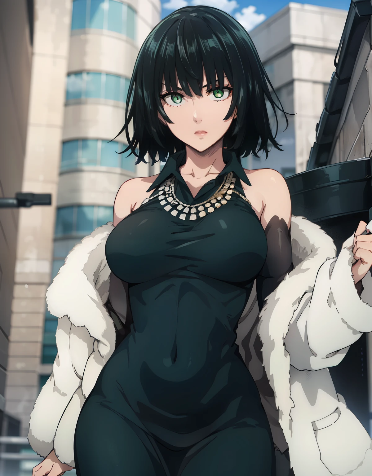 fubuki, fubuki, black hair, (green eyes:1.5), short hair, BREAK black dress, dress, fur coat, high collar, jewelry, necklace, off shoulder, taut clothes, taut dress, BREAK outdoors, BREAK looking at viewer, (cowboy shot:1.5), BREAK (masterpiece:1.2), best quality, high resolution, unity 8k wallpaper, (illustration:0.8), (beautiful detailed eyes:1.6), extremely detailed face, perfect lighting, extremely detailed CG, (perfect hands, perfect anatomy),