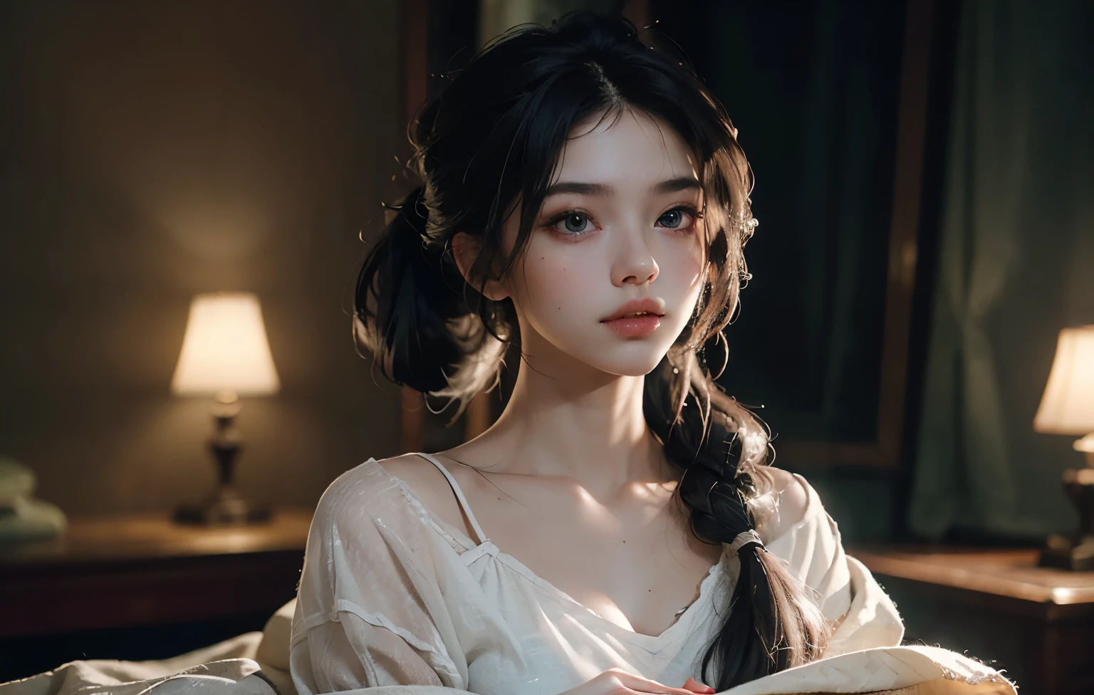 1 girl, Best quality, masterpiece, ultra high res, (photorealistic:1.4), raw photo, 1girl, see through spaghetti strap shirt, cinematic lighting, half body view, half body shot, bedroom, nude but covered by blanket, long ponytail, Whimsical lighting, Enchanted ambiance, bokeh, Dreamy decor, Whimsical lighting, Enchanted ambiance