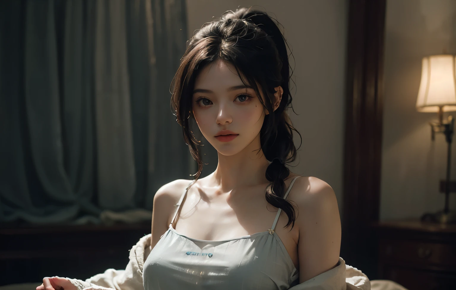 1 girl, Best quality, masterpiece, ultra high res, (photorealistic:1.4), raw photo, 1girl, white night gown, cinematic lighting, half body view, half body shot