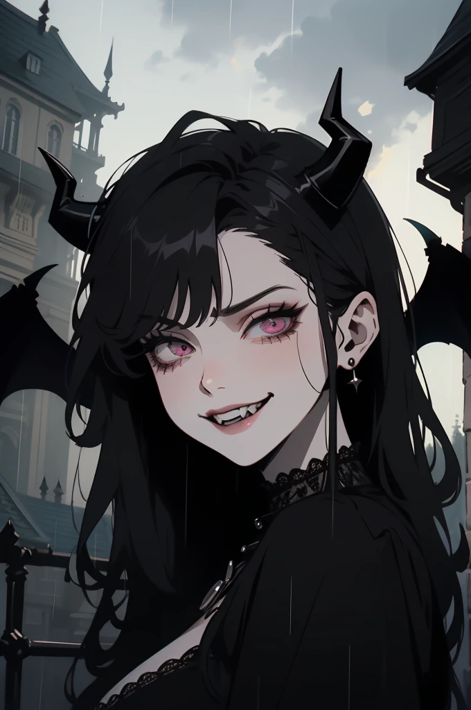 (outside, scary castle, raining, evening, soft light, dim lit, moody vibe, horror \(theme\), ), (insanely detailed, beautiful detailed face, masterpiece, best quality), 1girl, succubus, demon girl, mature female, black hair, pink eyes, grin, smirk, demon horns, black tail, black demon wings,
