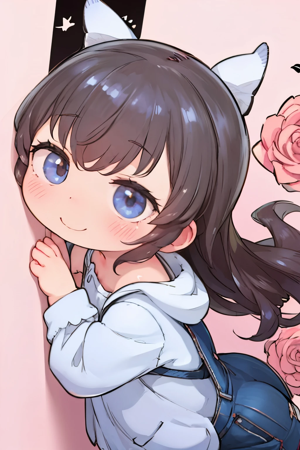 Photoreal、Chibi girl drawing pictures of roses and butterflies on the wall、smile、colorful、