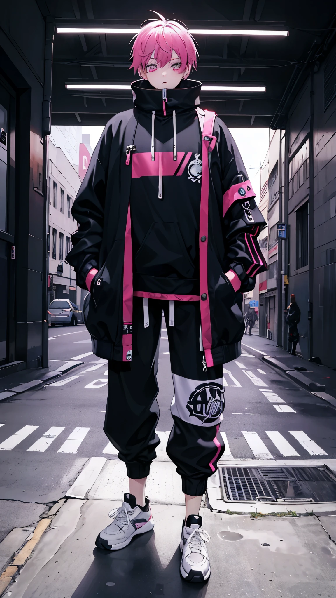 whole body fullbody erect standing straight front shot arms at sides jersey oversized jacket pants sneakers street punk street fashion cyberpunk neon punk