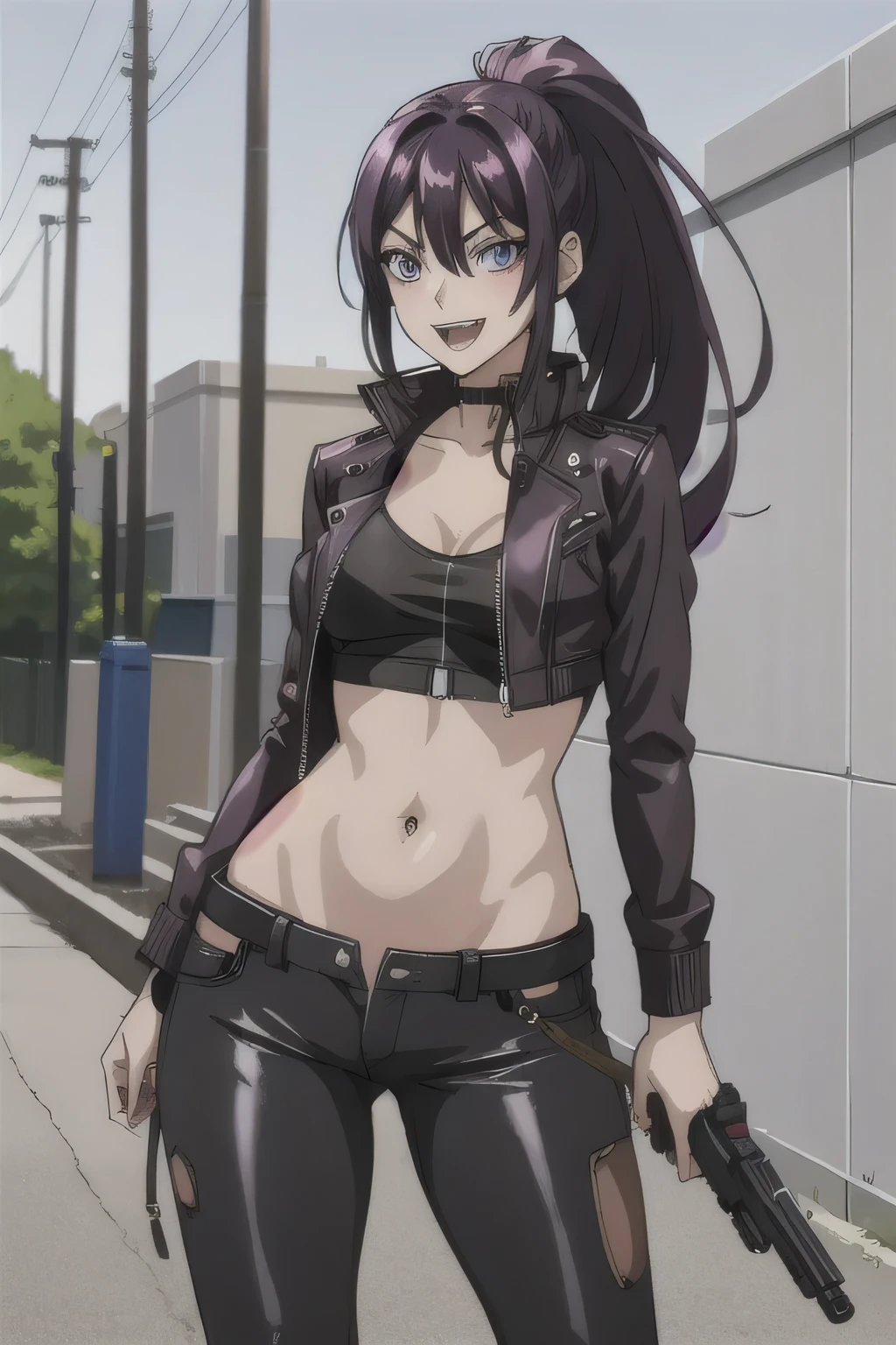 1girl, kanzaki rin,, standing,
deep purple eyes, dark purple hair, long hair, ponytail, medium breast, masterpiece, best quality, highly detailed, a girls with a gun, evil smile , open mouth, sexy gaze, badass
pose , evil smile, smile, (nsfw) not safe for work, guns blazing, anime girl with long hair, beautiful long
haired girl, navel, evil expression, exposed belly, exposed navel, exposed midriff, exposed lower belly,
long black pants, crop top, cleavage, unbuttoned leather pants ,open fly, low rise black leather pants,
leather jacket, holding a gun, outdoor,street,road, navel piercing